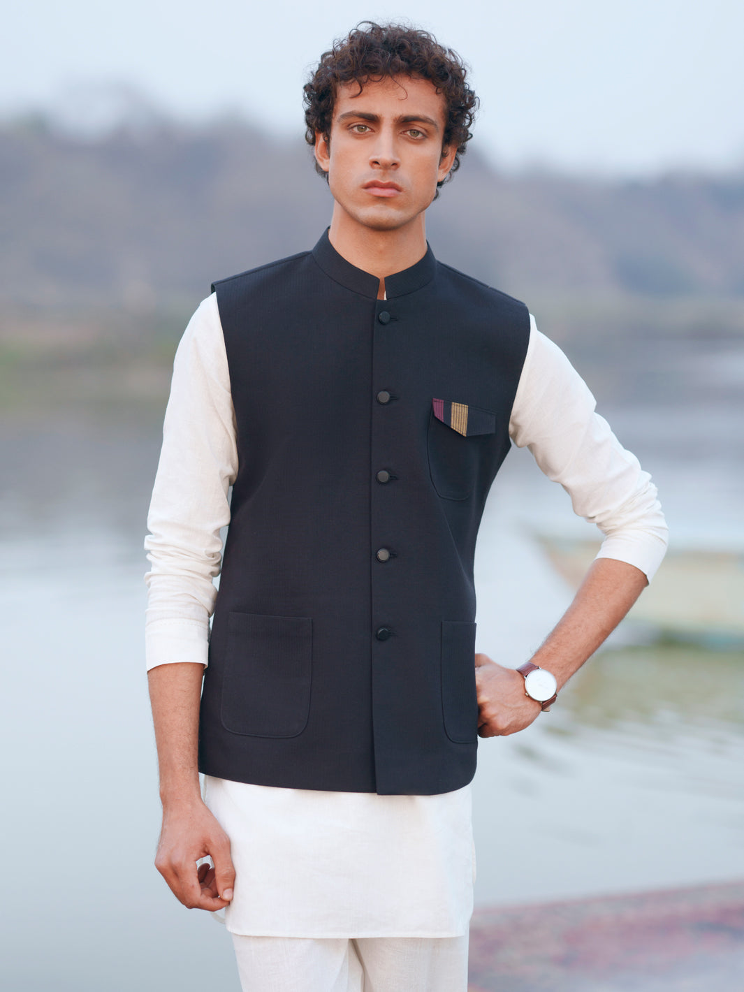 Black Cotton Cut & Sew Waistcoat  - Men Waistcoat | ALMIRAH