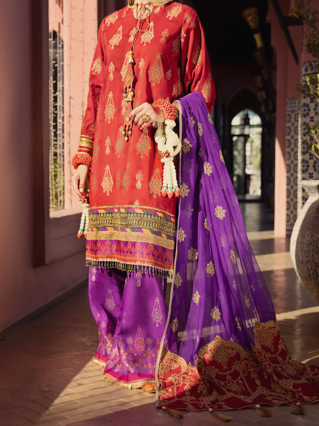 Red Yarn-Dyed Jacquard 3Pc Formal Unstitched - AL-3PS-LS-UN-414