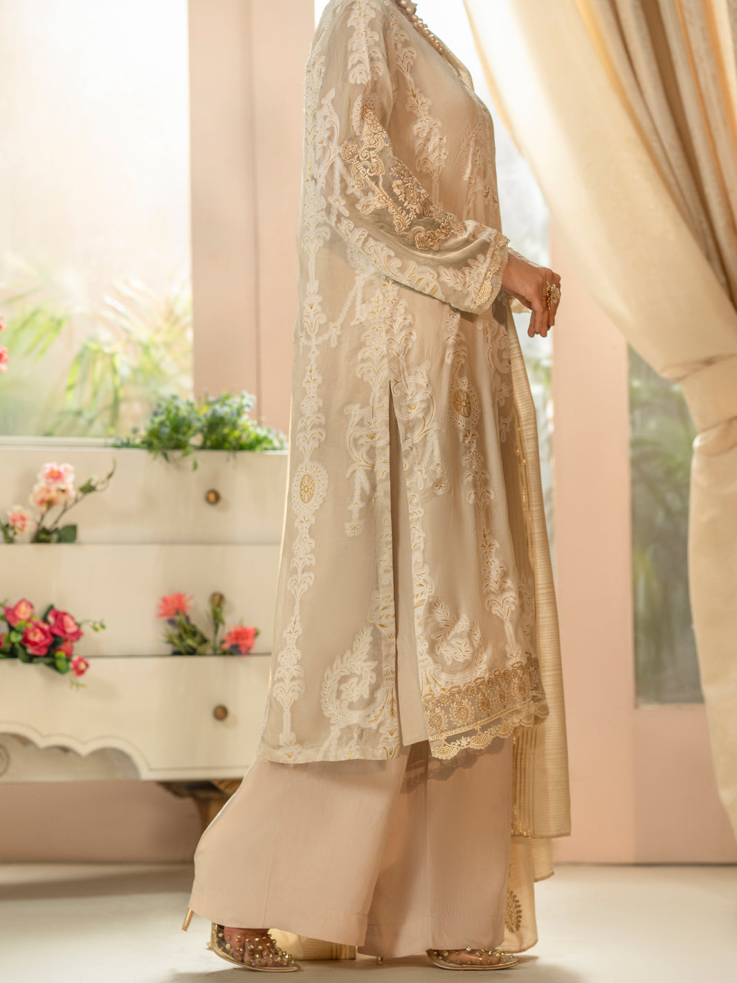 Off White Burnout Silk 3Pc Stitched - ALP-3PS-1663