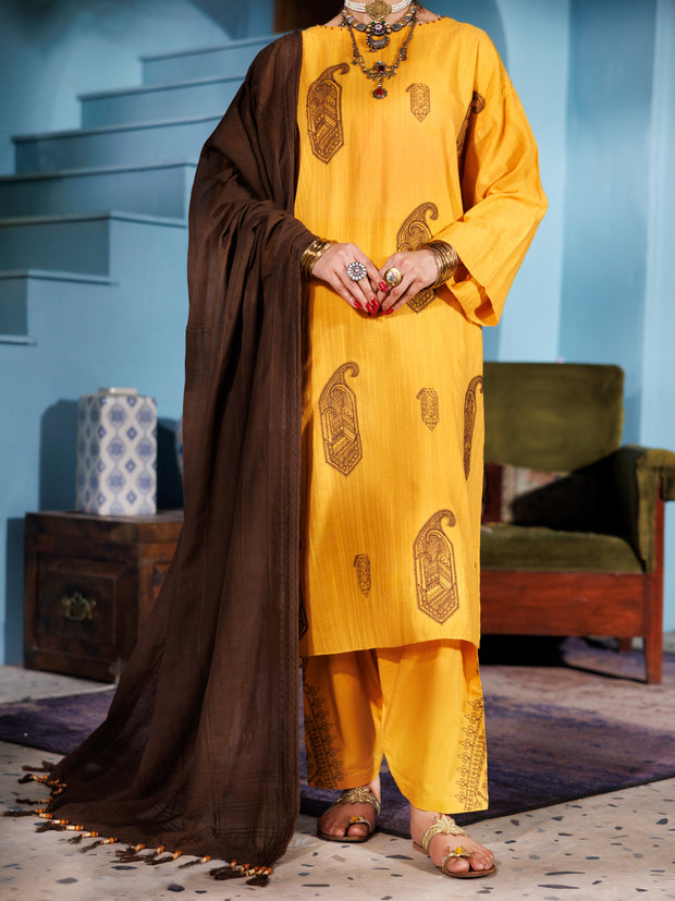 Mustard Lino Kara 3 Piece Stitched - ALP-3PS-1918 - Almirah Online