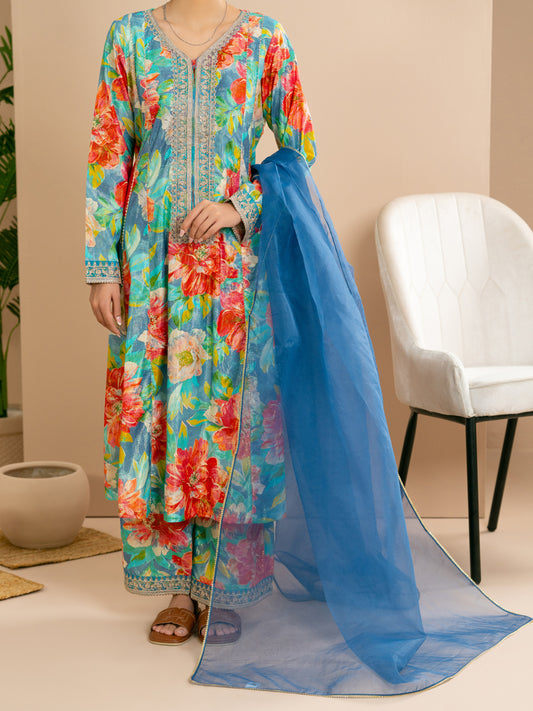 Light Lurex Cotton Green Stitched 3Pc - ALP-3PS-2171