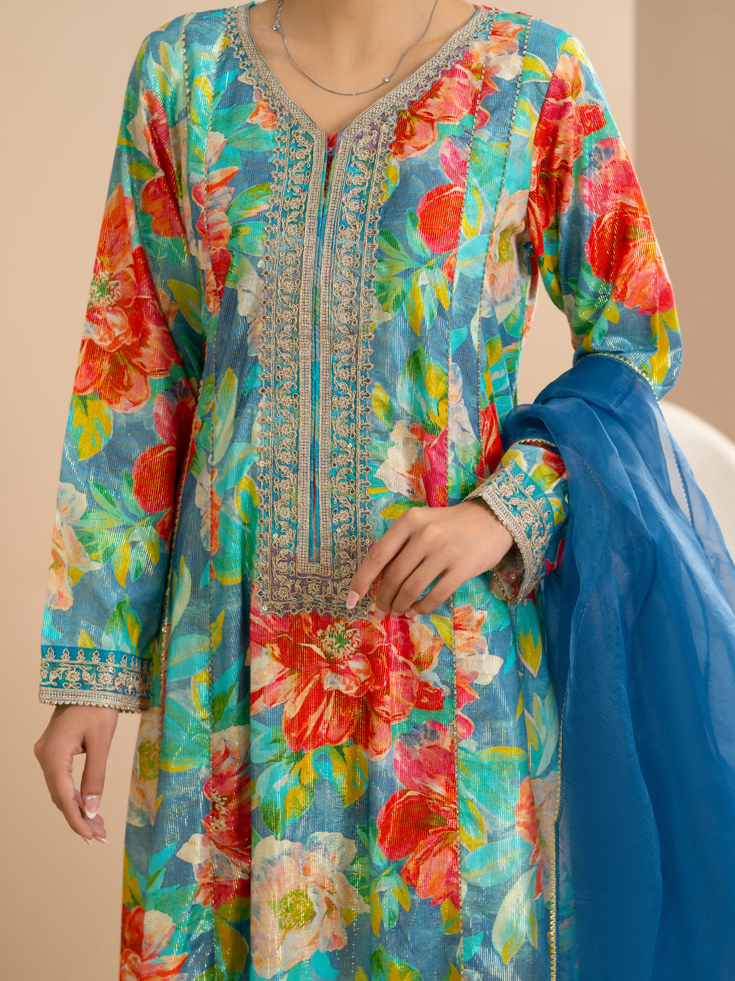 Light Lurex Cotton Green Stitched 3Pc - ALP-3PS-2171