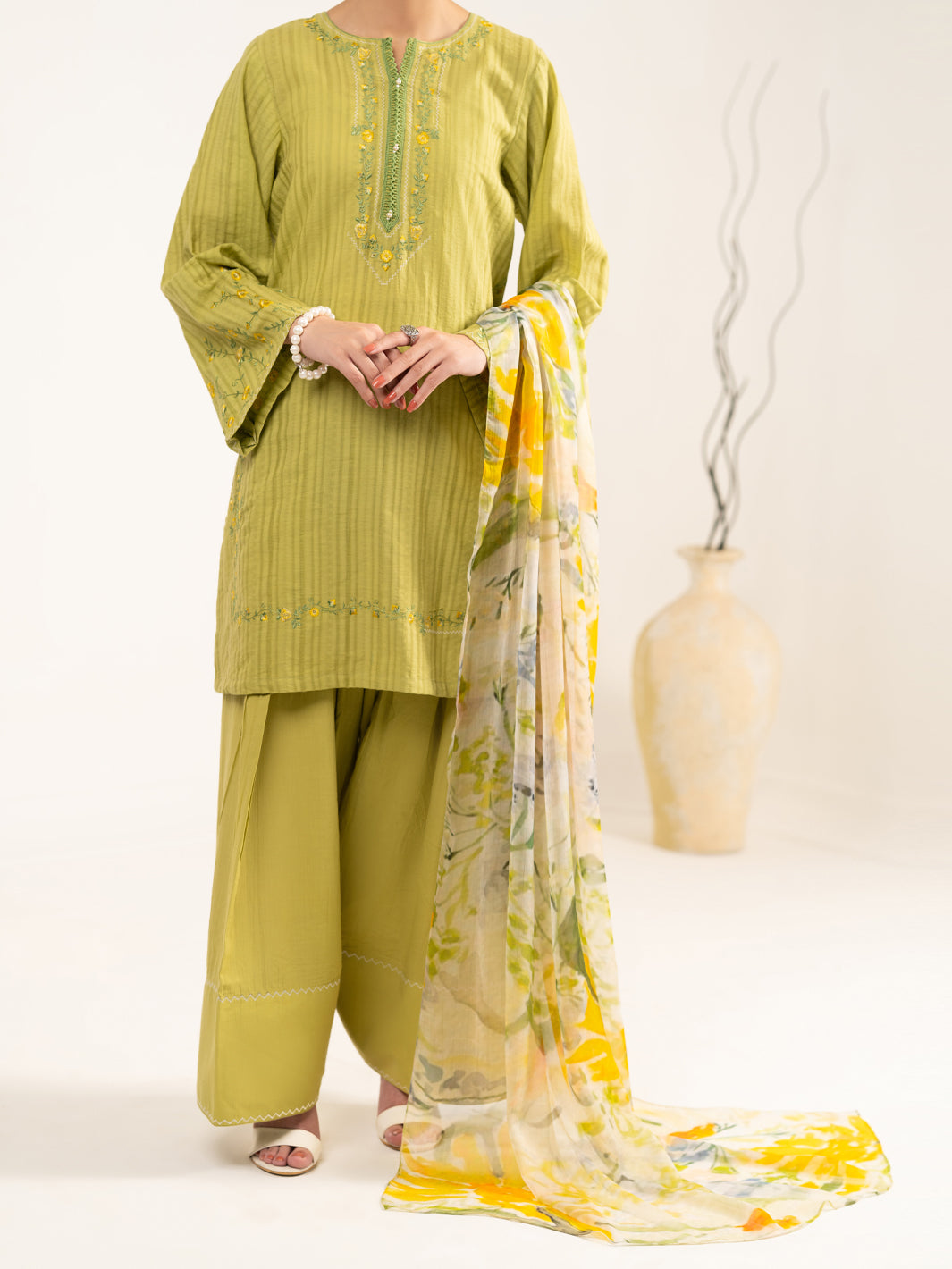 Green Cotton Dobby 3Pc Unstitched  - Women Unstitched 3 Piece | ALMIRAH