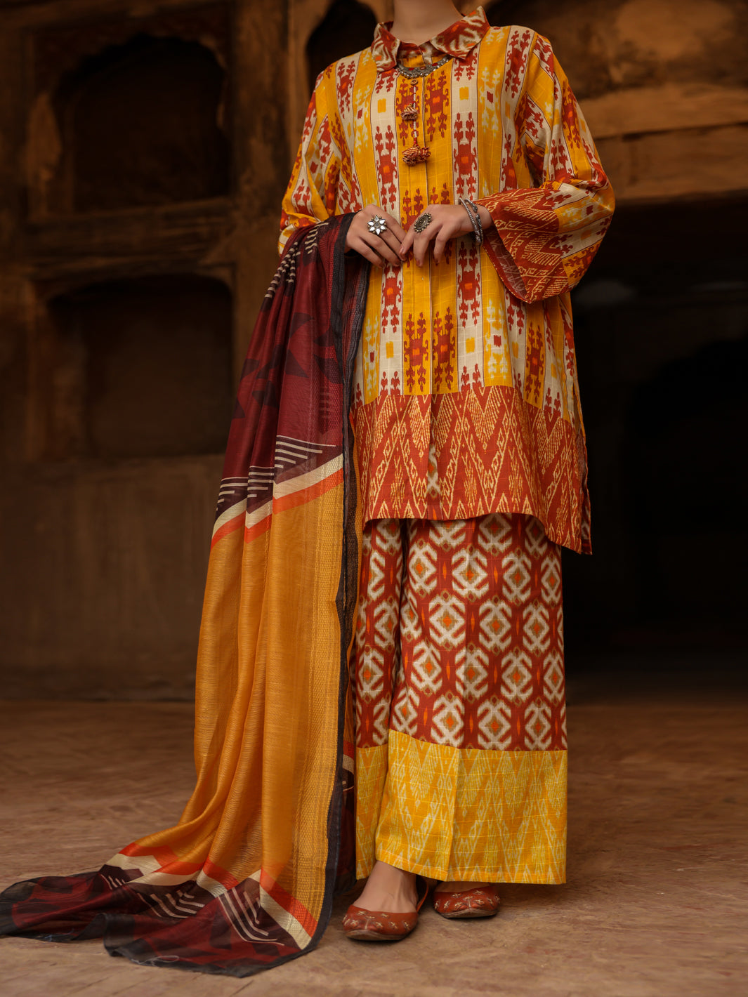 Mustard Square Cotton 3Pc Stitched - ALP-3PS-2329