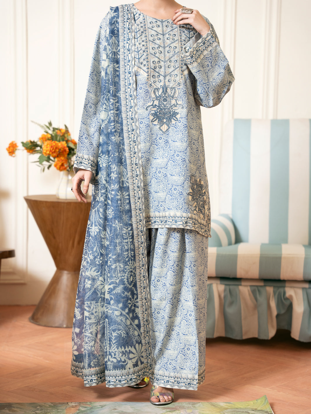 Light Blue Silk Lawn 3Pc Stitched  - Women Stitched 3 Piece | ALMIRAH