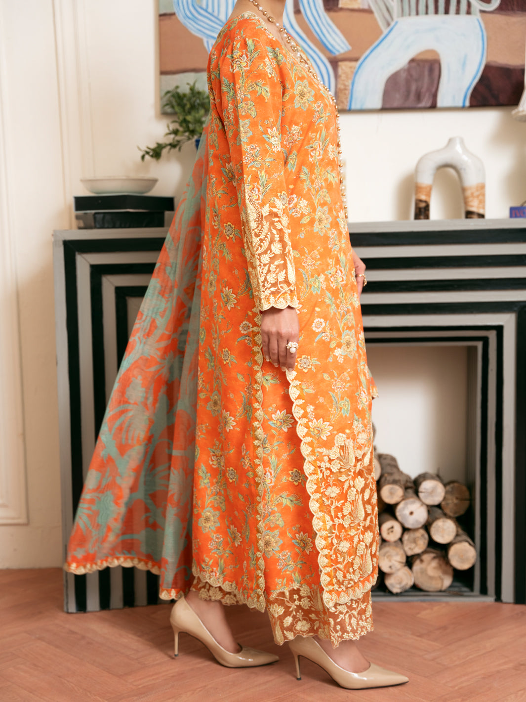 Orange Silk Lawn Stitched 3Pc - ALP-3PS-2333
