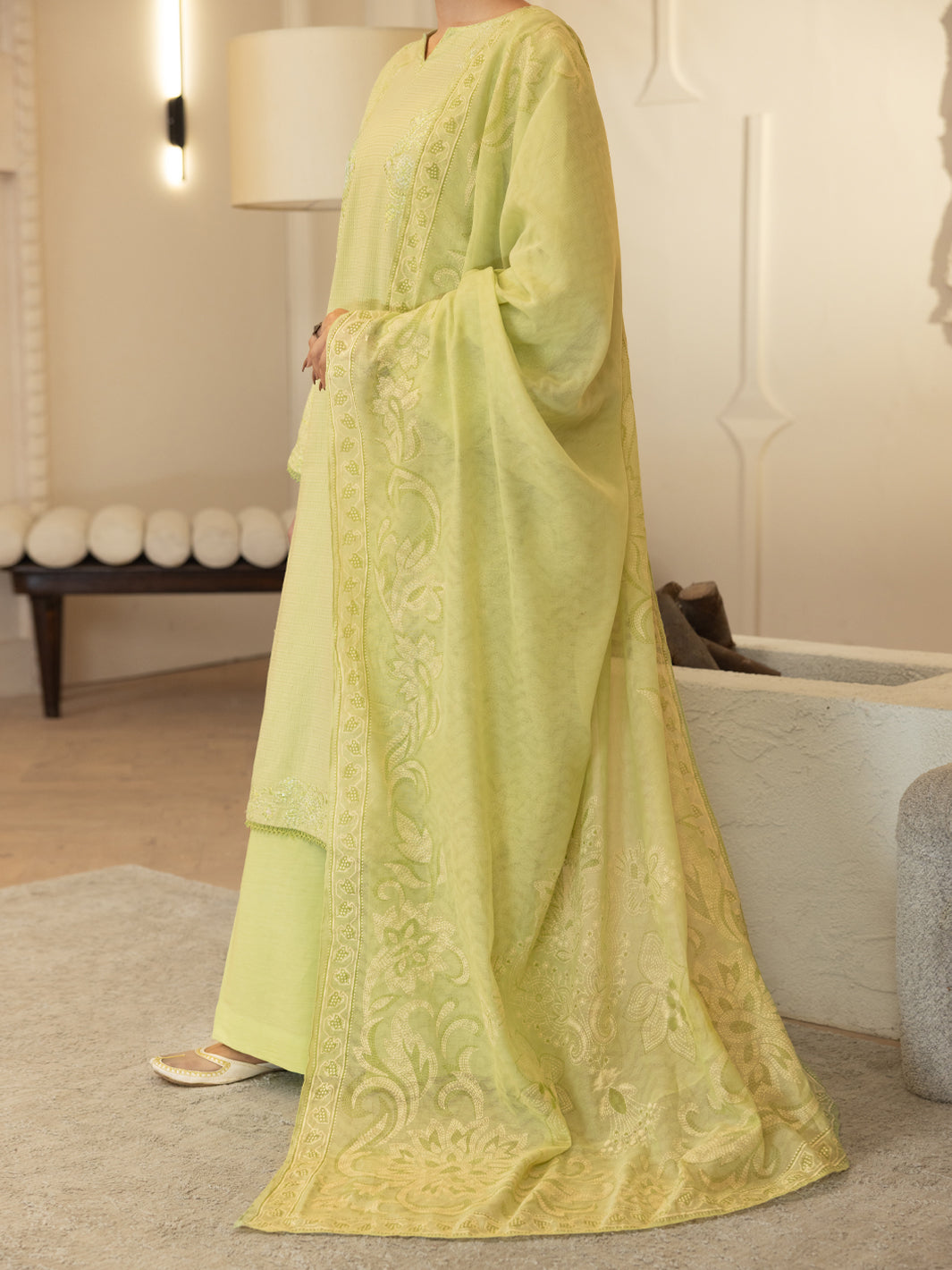 Light Green Dobby Square Stitched 3Pc - ALP-3PS-2346