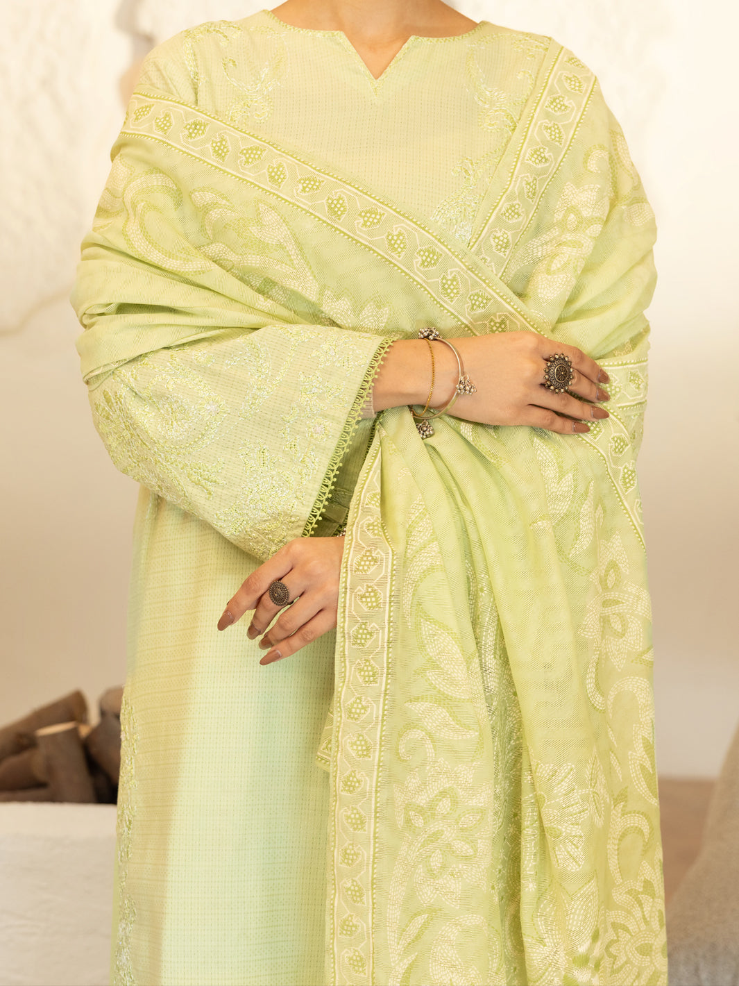 Light Green Dobby Square Stitched 3Pc - ALP-3PS-2346