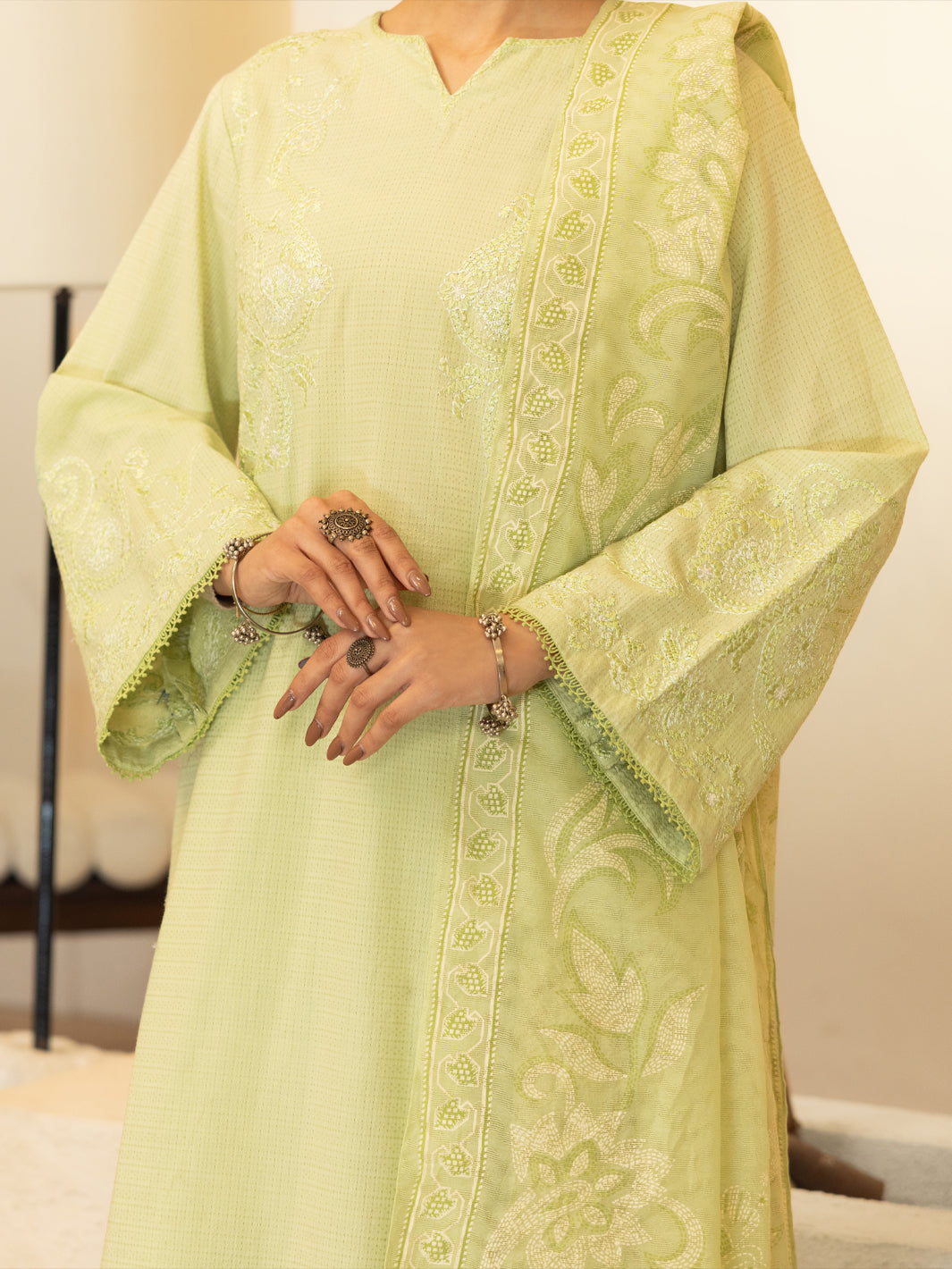 Light Green Dobby Square Stitched 3Pc - ALP-3PS-2346