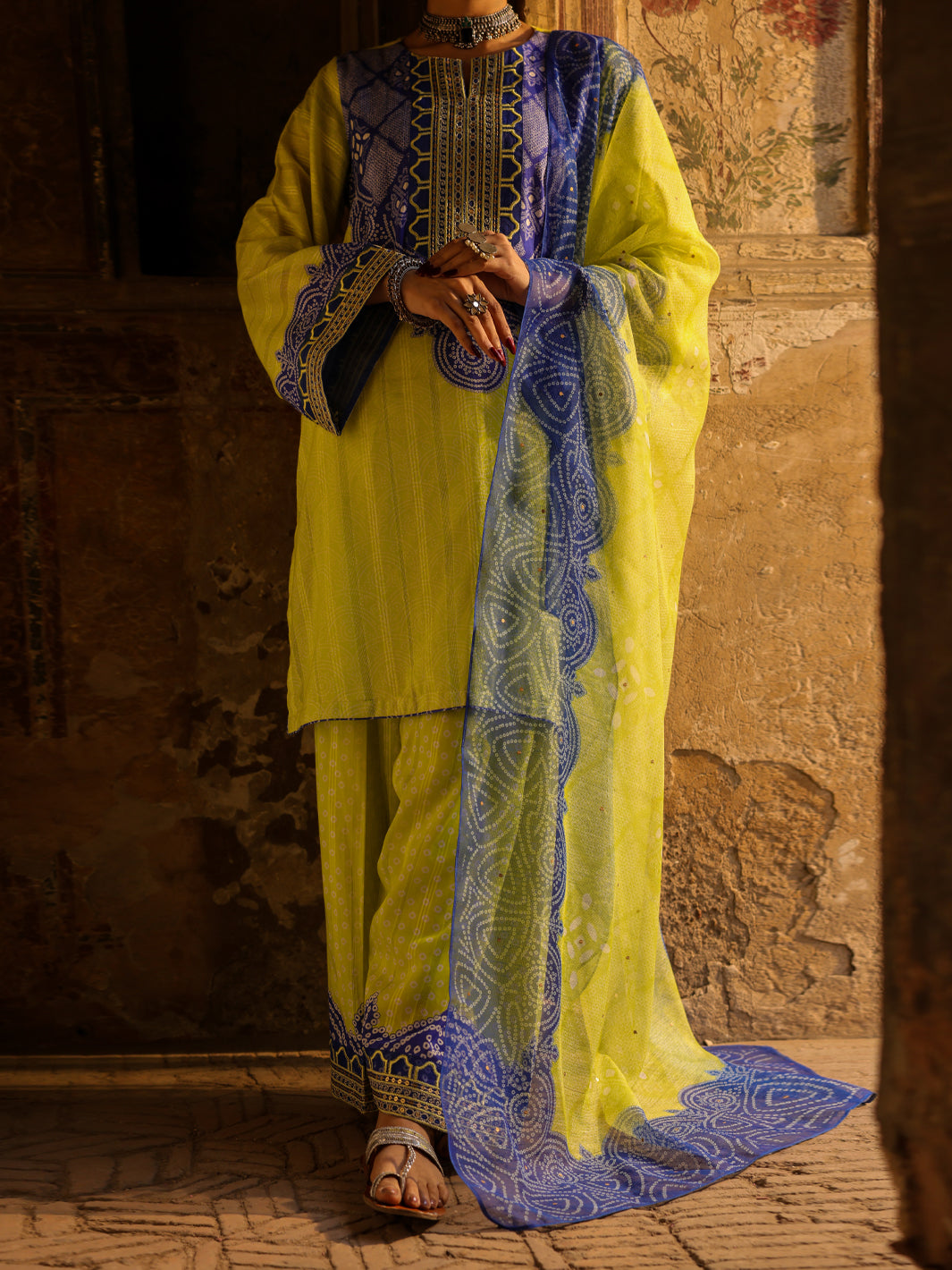 Lime Green Lino Kara 3Pc Stitched  - Women Stitched 3 Piece | ALMIRAH