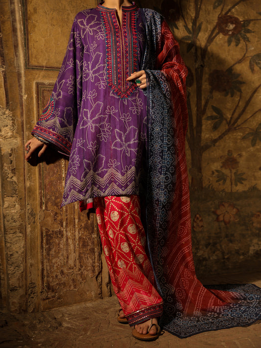 Purple Lino Kara 3Pc Stitched - ALP-3PS-2355