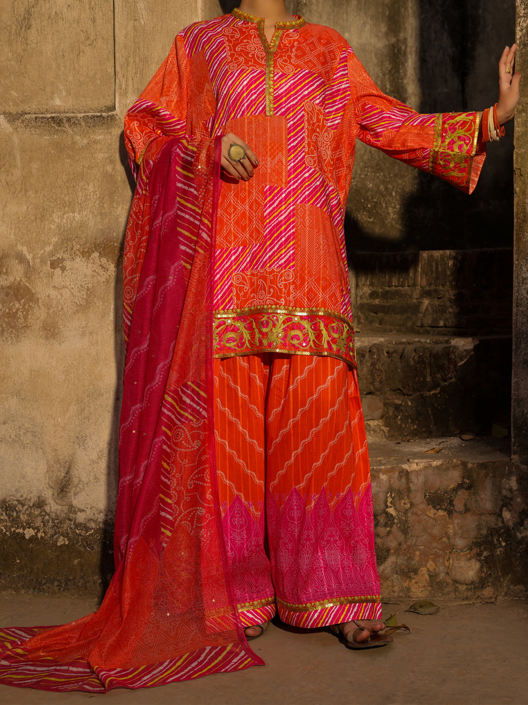 Orange Lino Kara 3Pc Stitched  - Women Stitched 3 Piece | ALMIRAH