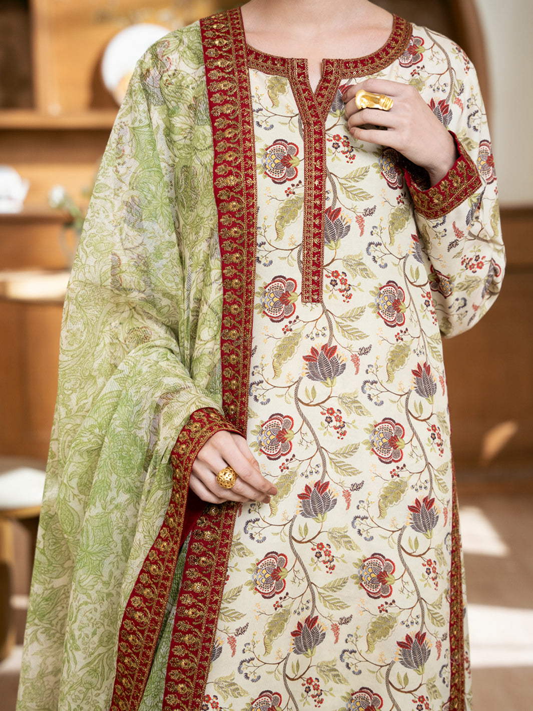 Cream Silk Lawn Stitched 3Pc - ALP-3PS-2362