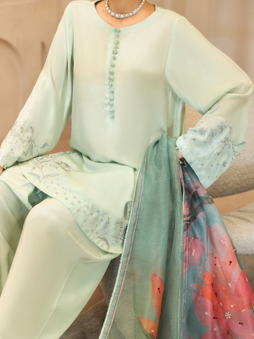 Light Green Viscose Sheesha Silk Stitched 3PC - ALP-3PS-2368