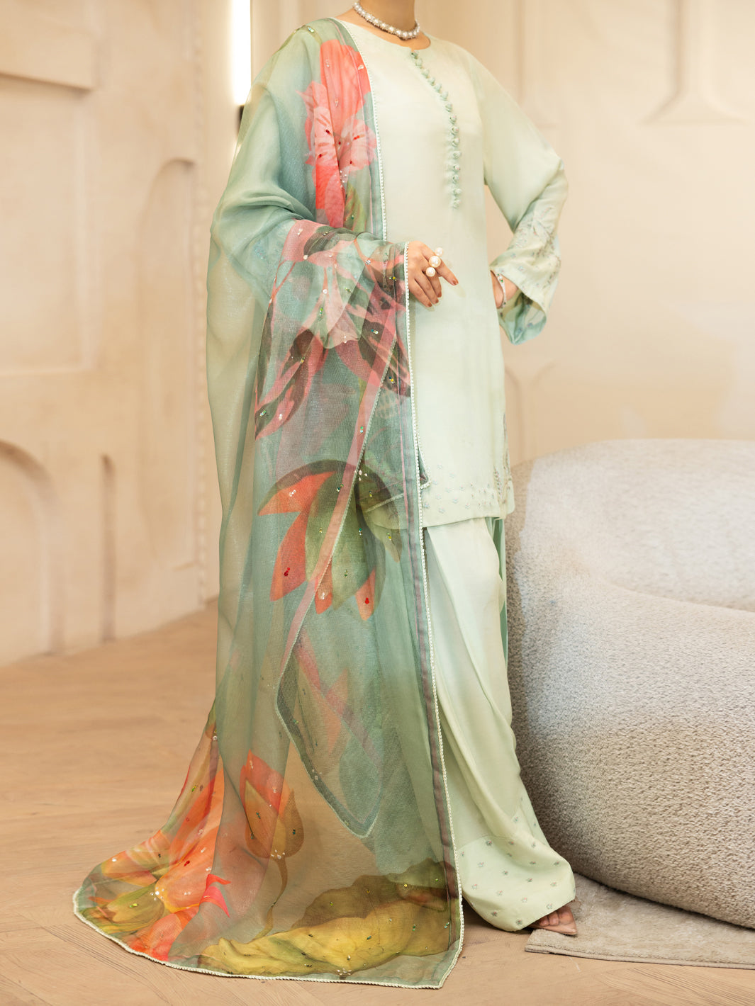Light Green Viscose Sheesha Silk Stitched 3PC - ALP-3PS-2368