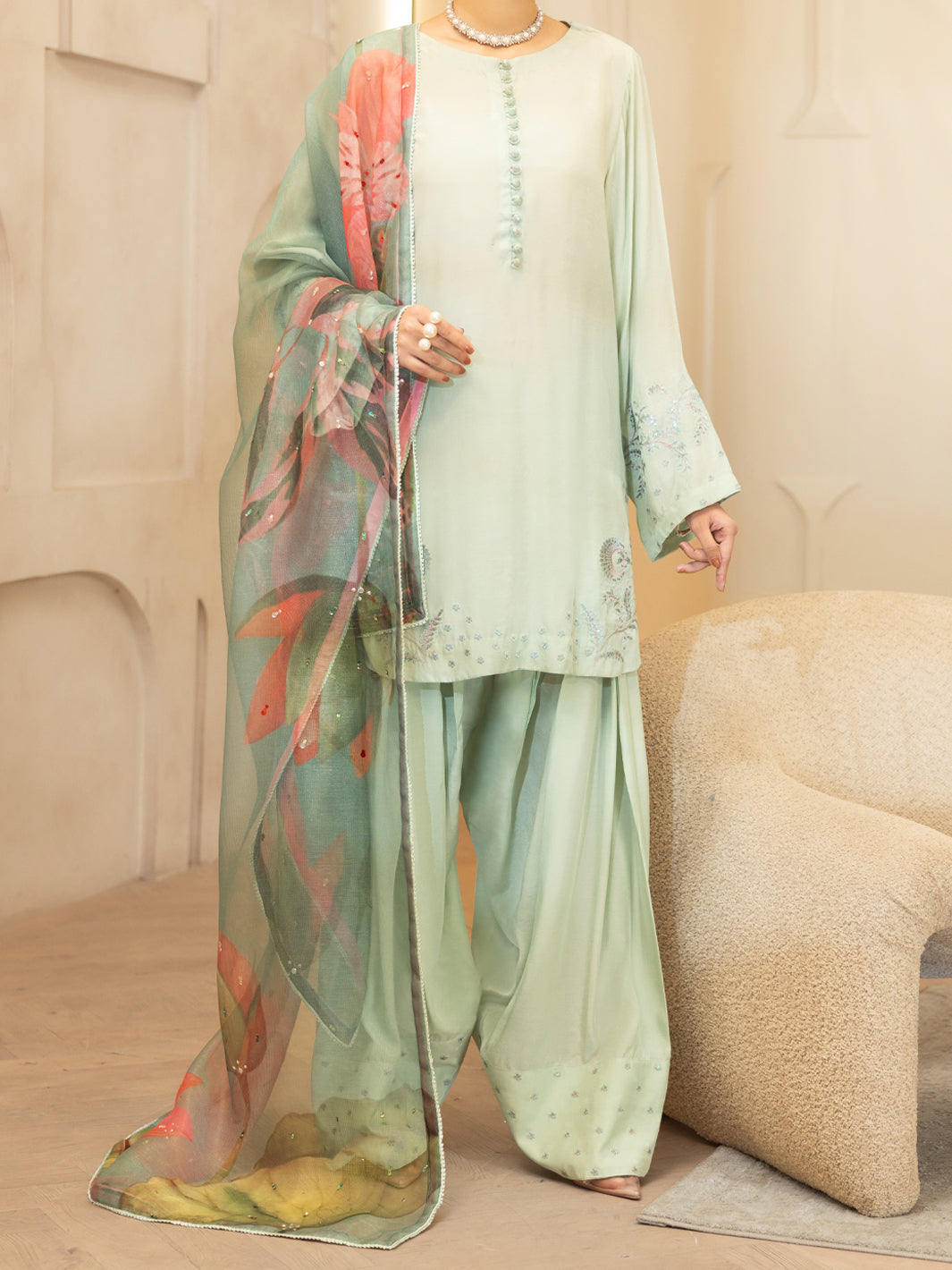 Light Green Viscose Sheesha Silk Stitched 3PC - ALP-3PS-2368