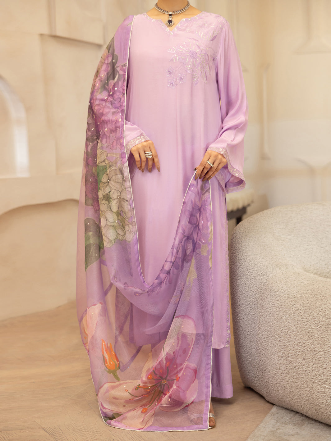 Lilac Sheesha Silk Stitched 3PC - ALP-3PS-2369