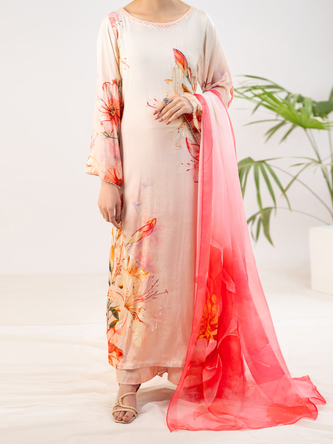 Peach Thai Silk Stitched 3Pc - ALP-3PS-2371