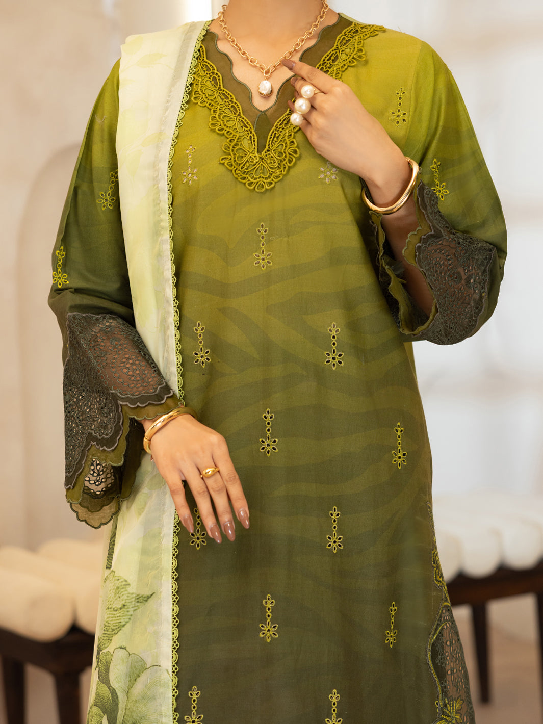 Mehndi Green Lawn Stitched 3PC - ALP-3PS-2379