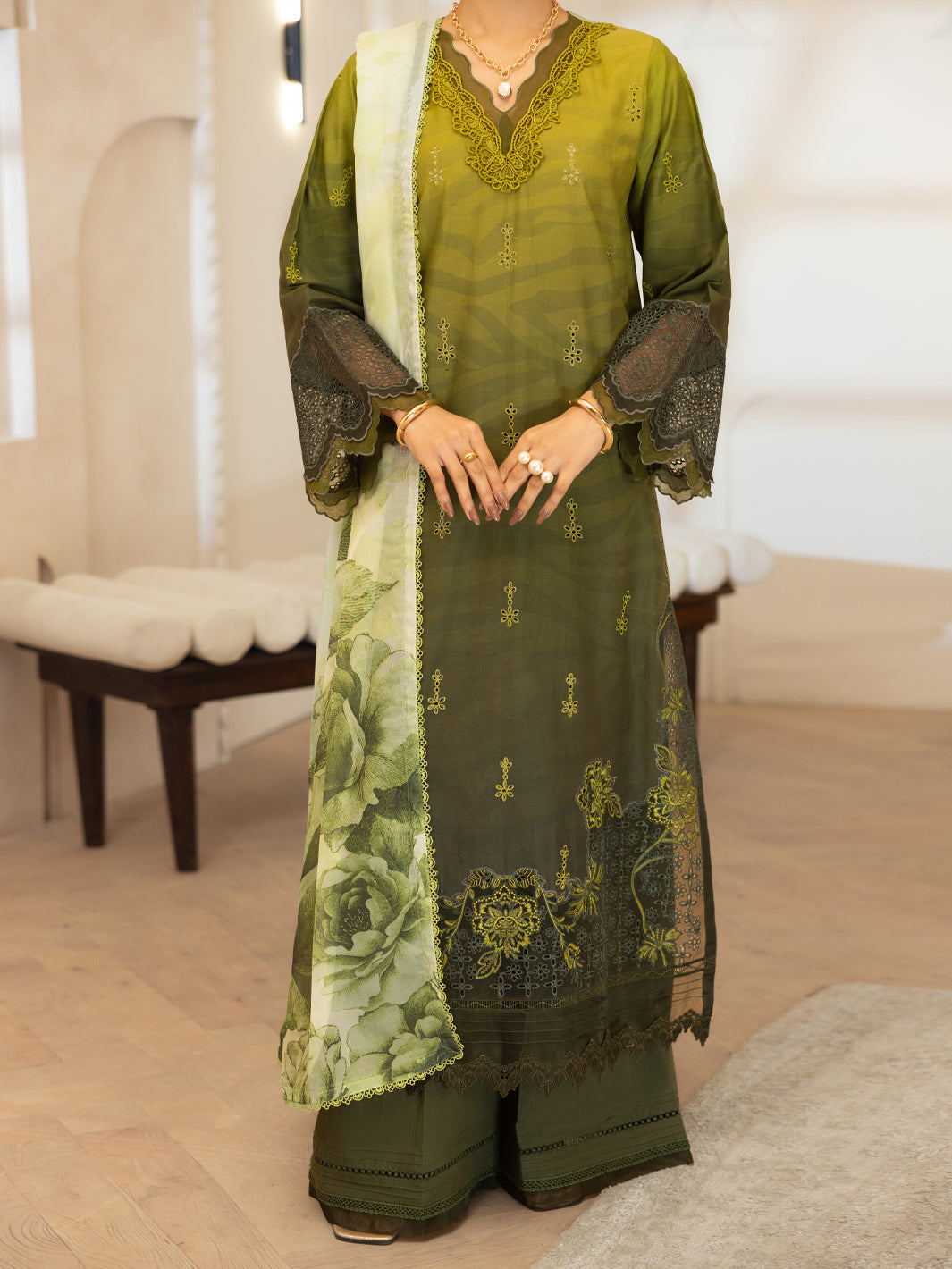 Mehndi Green Lawn Stitched 3PC - ALP-3PS-2379