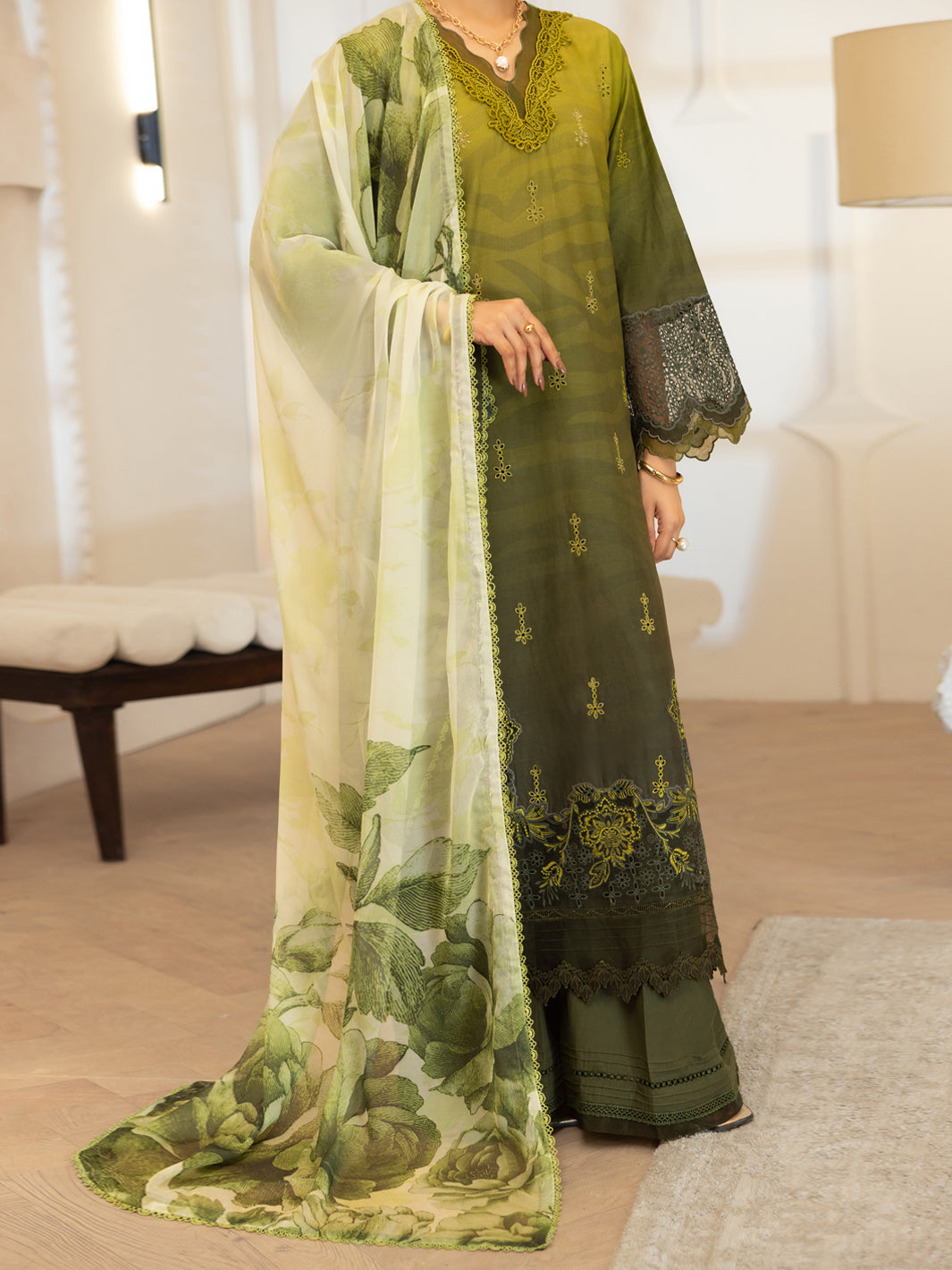 Mehndi Green Lawn Stitched 3PC - ALP-3PS-2379