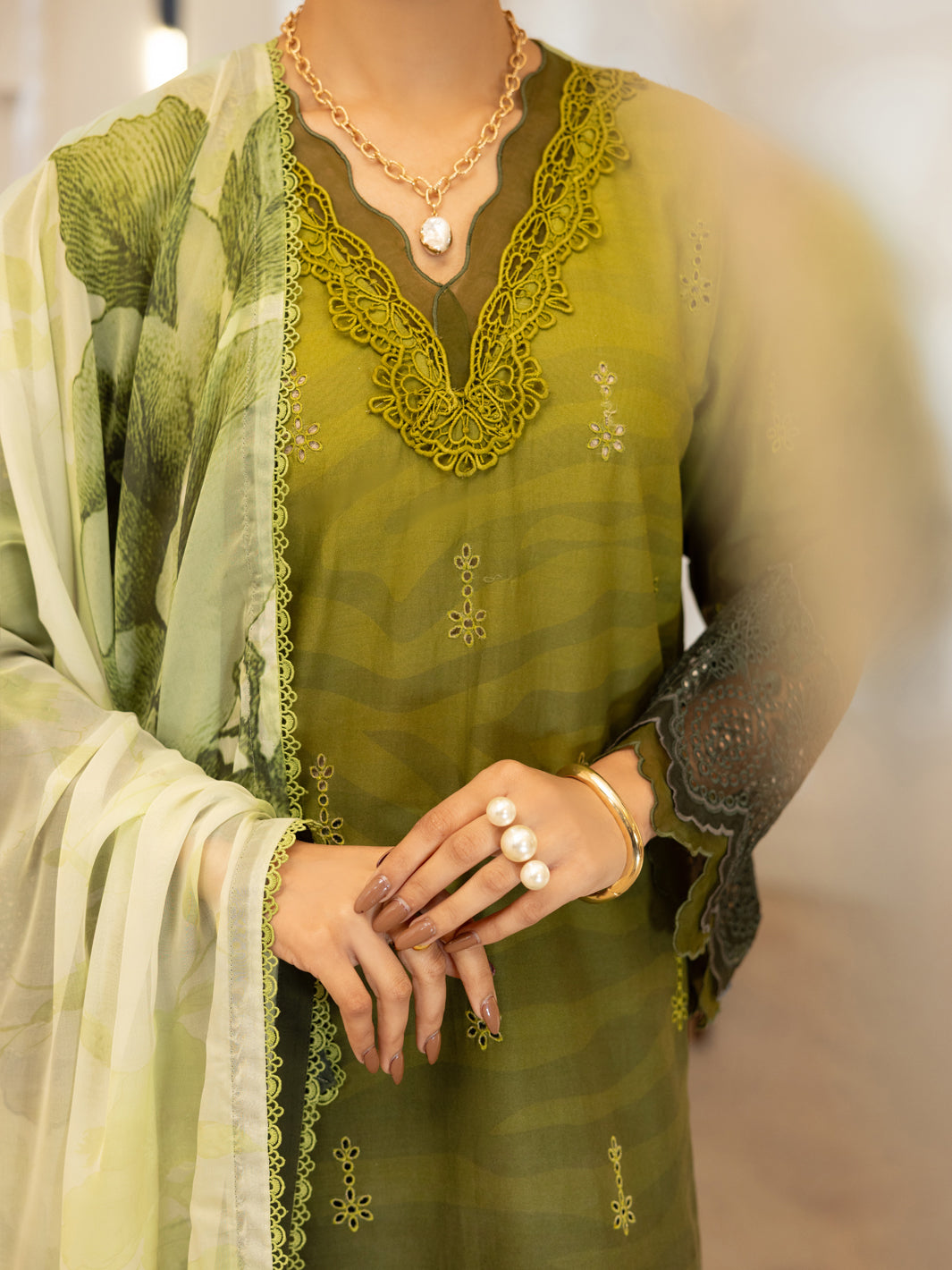 Mehndi Green Lawn Stitched 3PC - ALP-3PS-2379