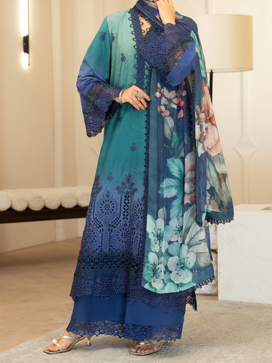 Teal Silk Lawn Stitched 3Pc - ALP-3PS-2377