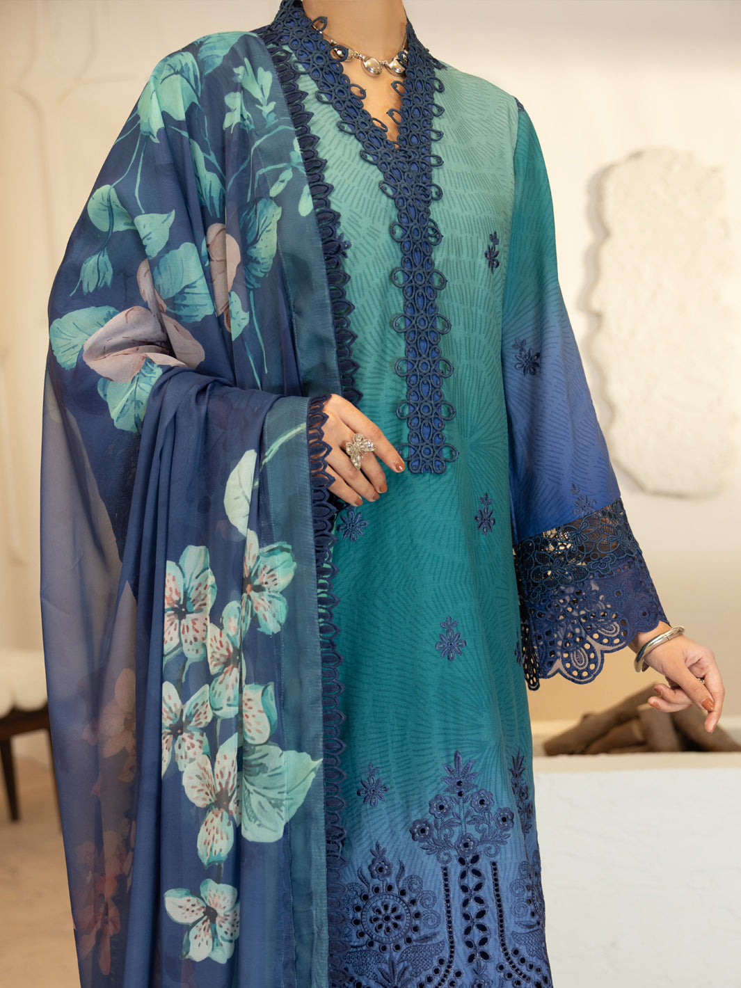 Teal Silk Lawn Stitched 3Pc - ALP-3PS-2377