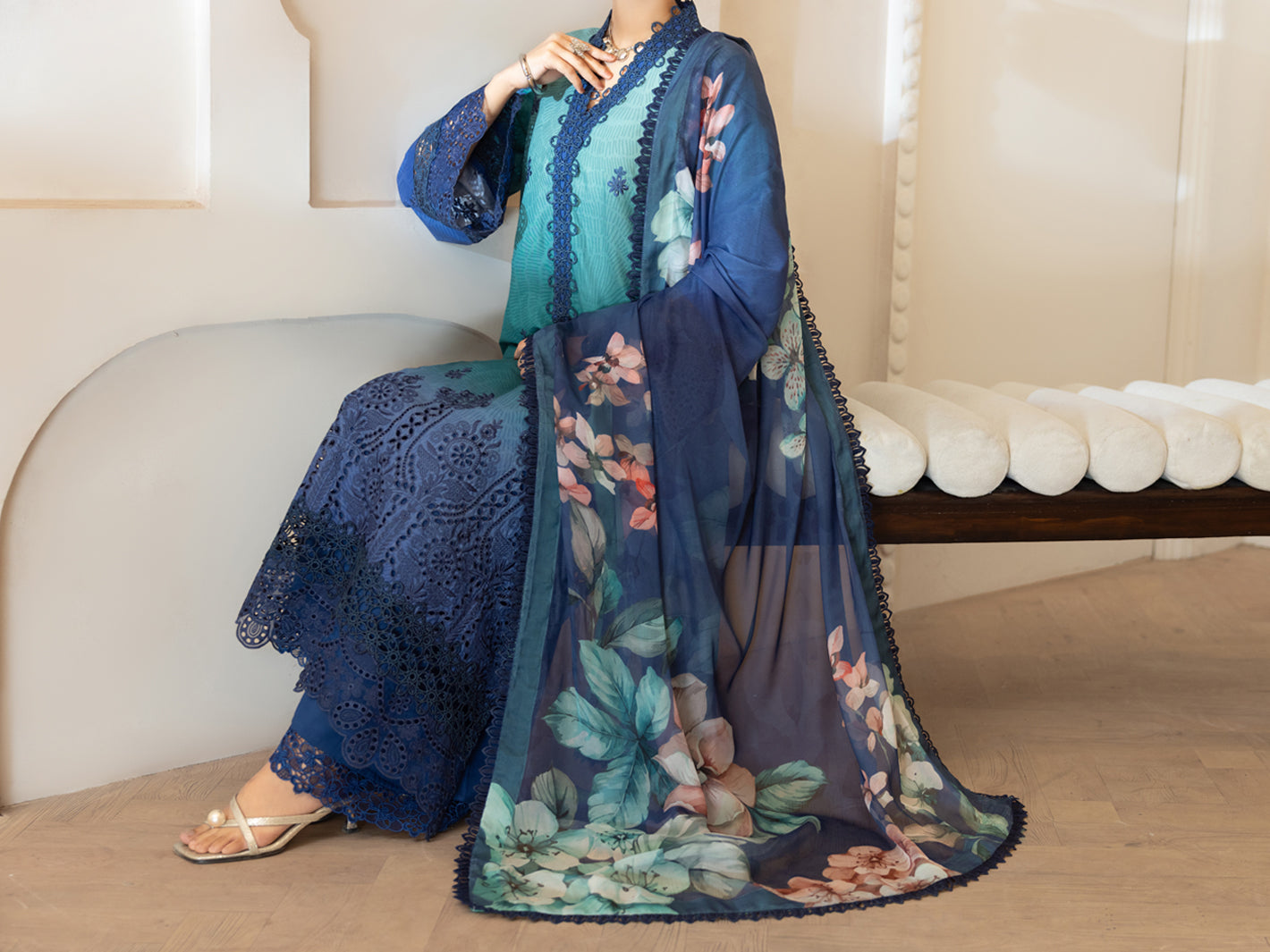 Teal Silk Lawn Stitched 3Pc - ALP-3PS-2377