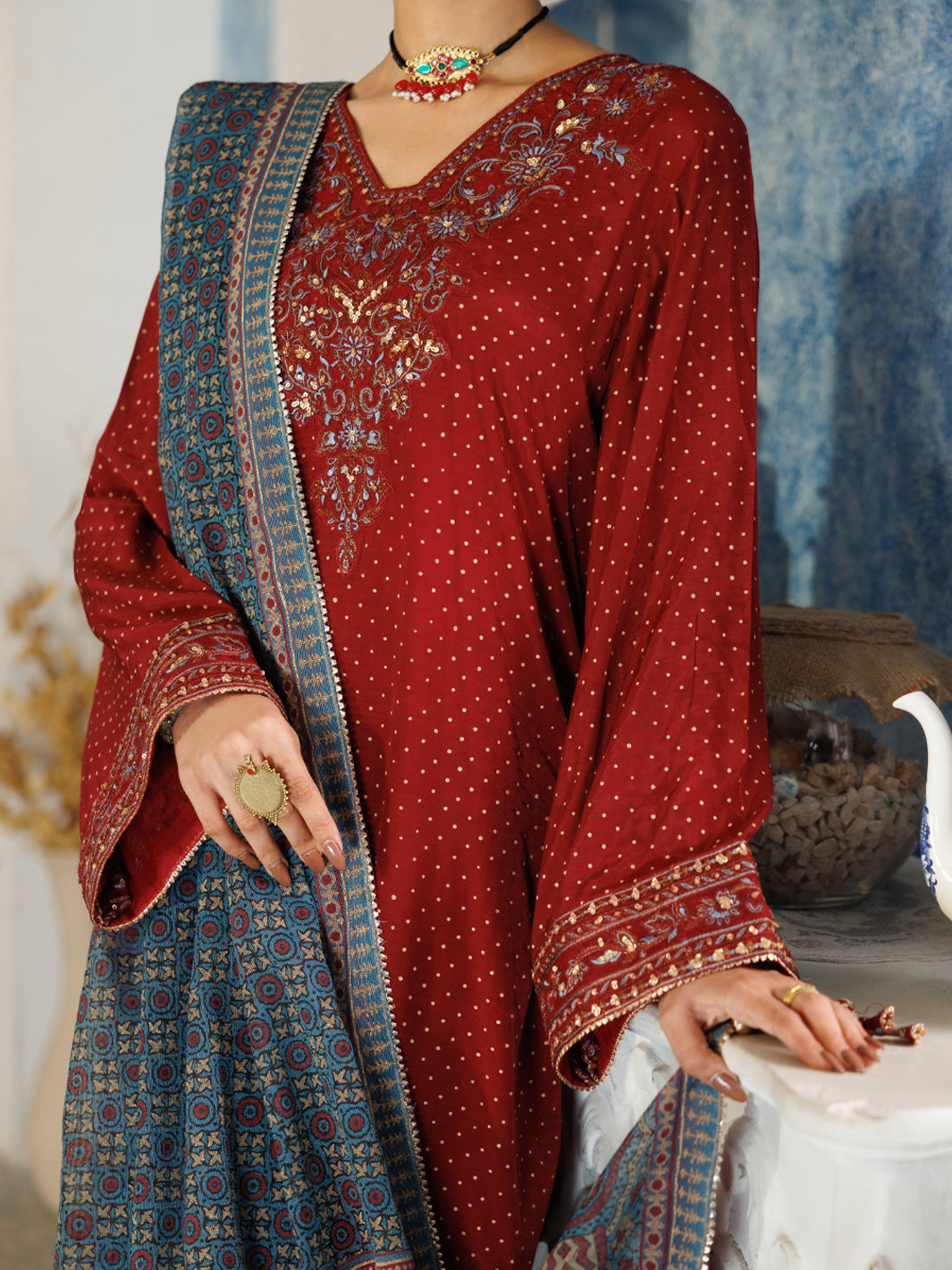 Maroon Thai Silk Stitched 3Pc - ALP-3PS-2381