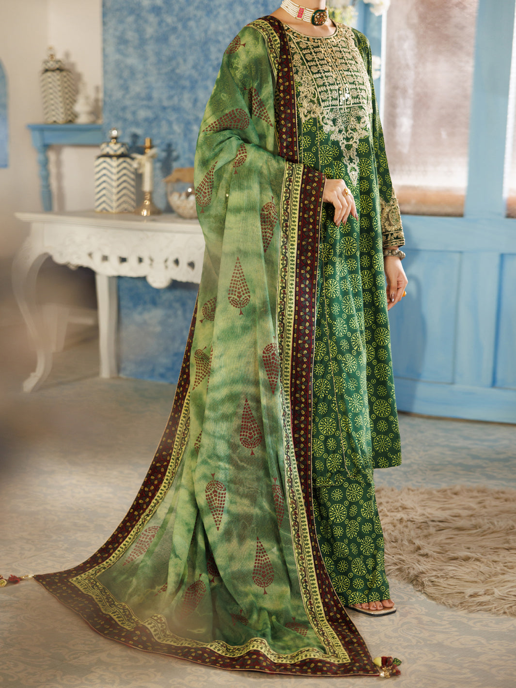 Green Thai Silk Stitched 3Pc - ALP-3PS-2382