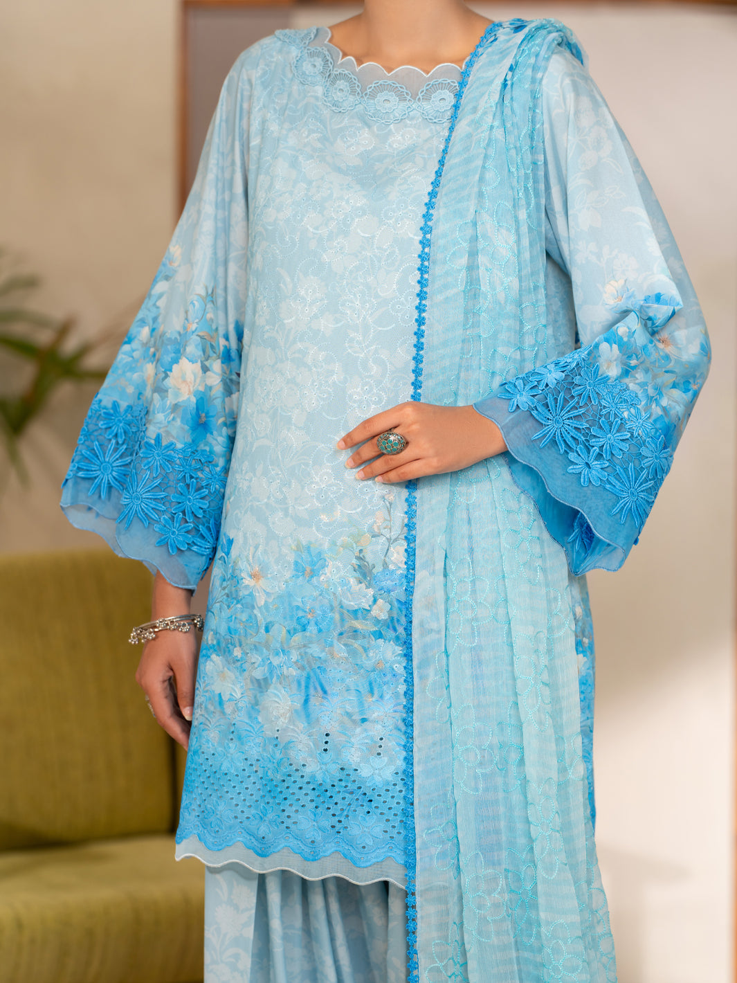 Sky Blue Poly Lawn Stitched 3 Piece - ALP-3PS-2415