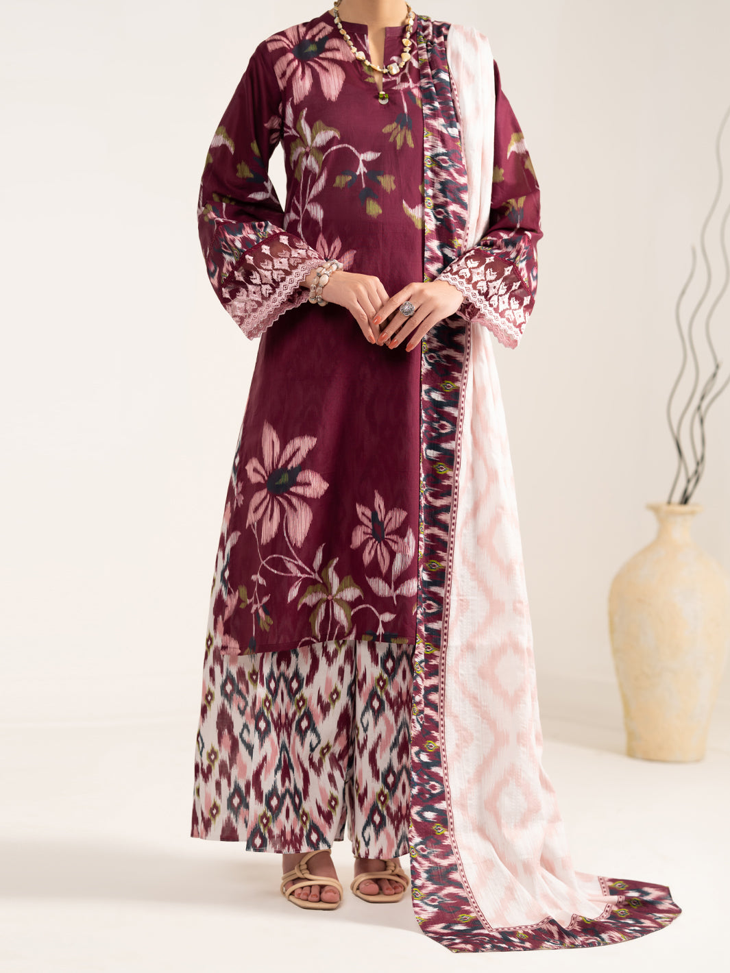 Maroon Lawn 3Pc Unstitched  - Women Unstitched 3 Piece | ALMIRAH