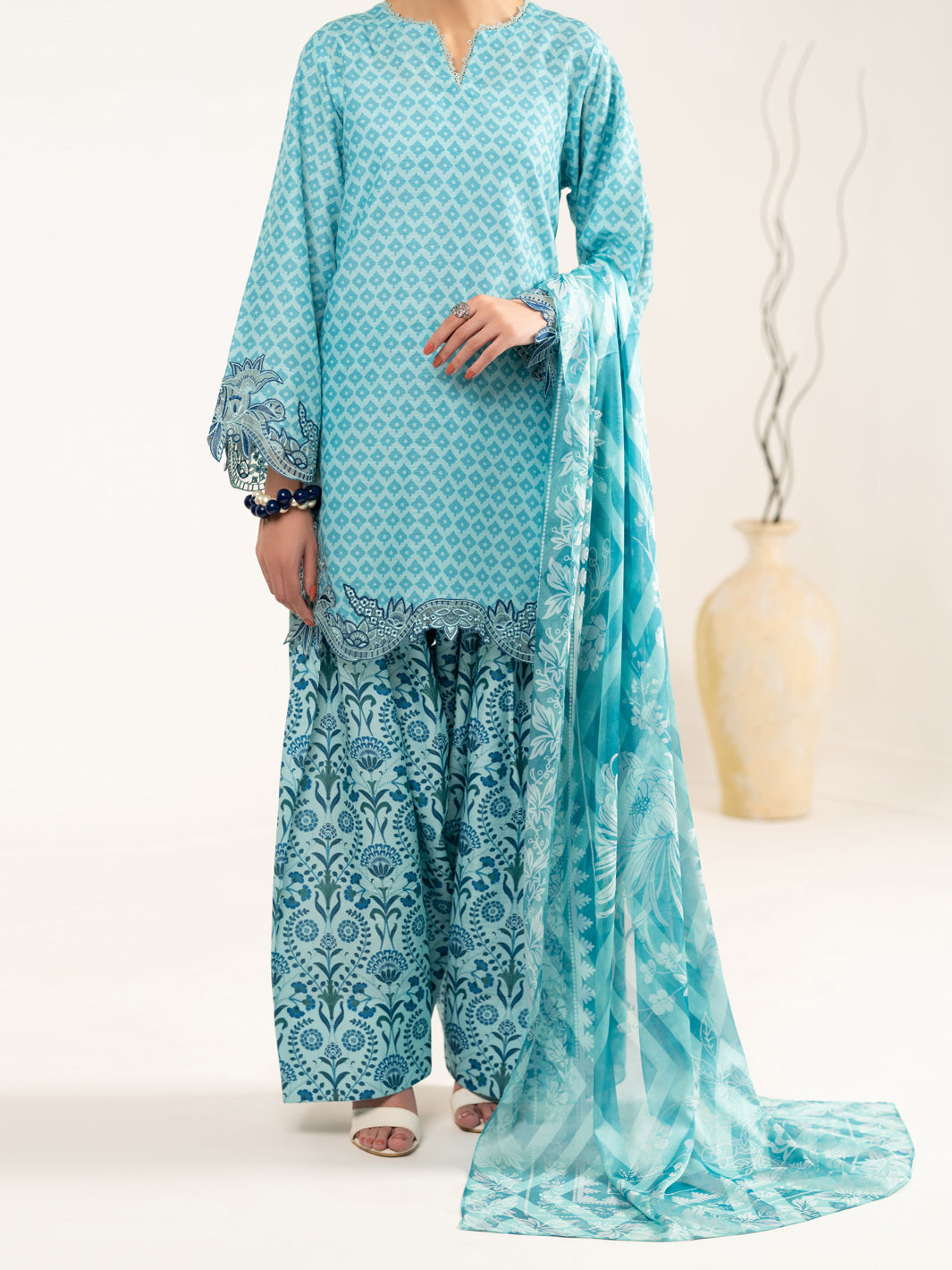 Aqua Blue Raw Silk 3Pc Unstitched  - Women Unstitched 3 Piece | ALMIRAH