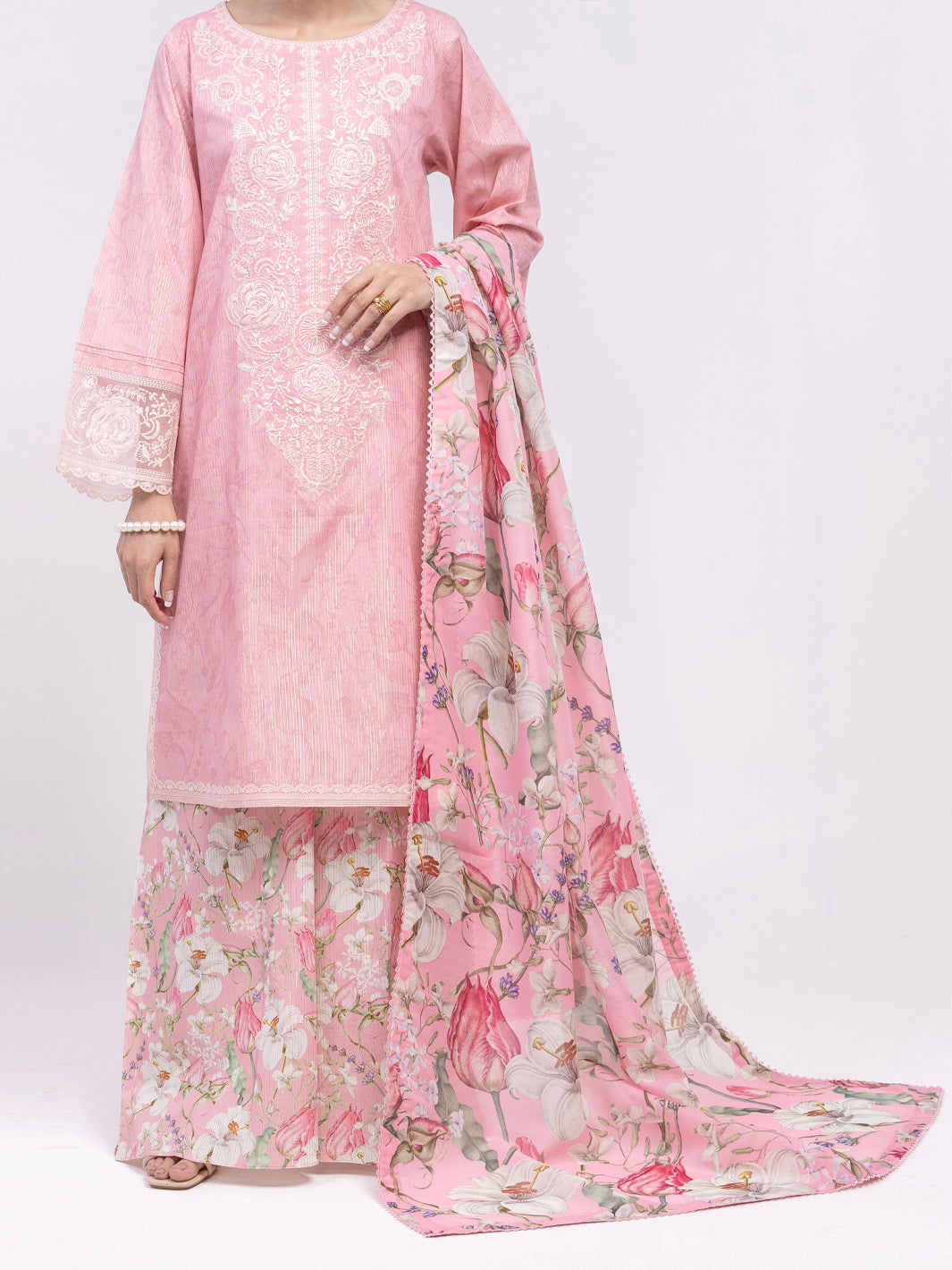 Pink Golden Lurex 3Pc Unstitched  - Women Unstitched 3 Piece | ALMIRAH