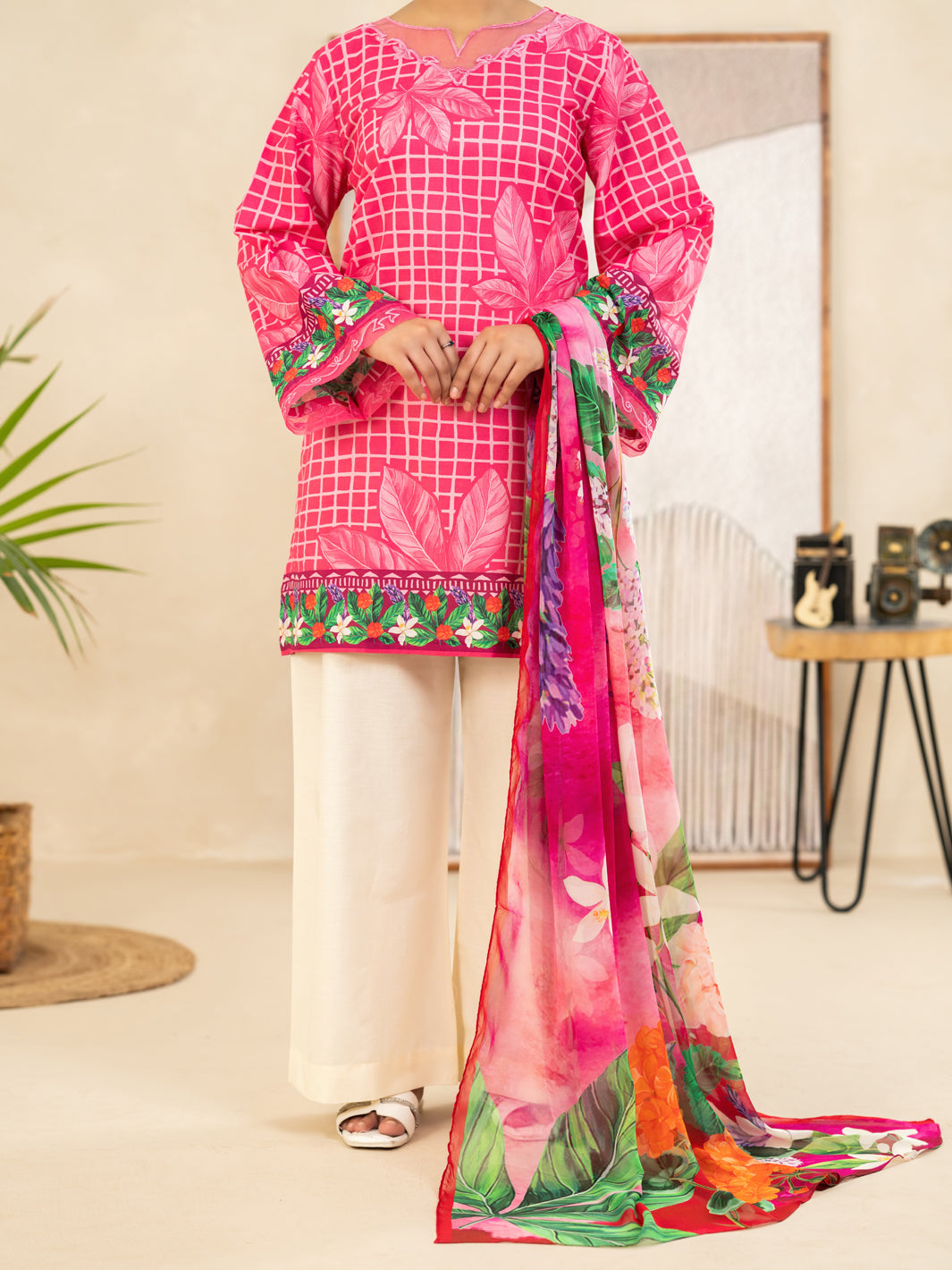 Pink Lawn Stitched 3Pc  - Women Stitched 3 Piece | ALMIRAH