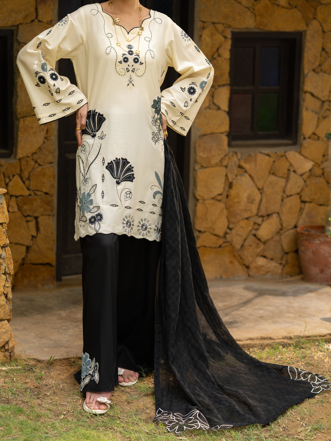 Black & White Cambric Stitched 3Pc- ALP-3PS-2578 Front Main