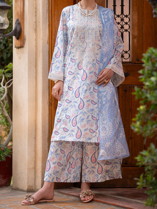 Ice Blue Cotton Stitched 3Pc - ALP-3PS-2582