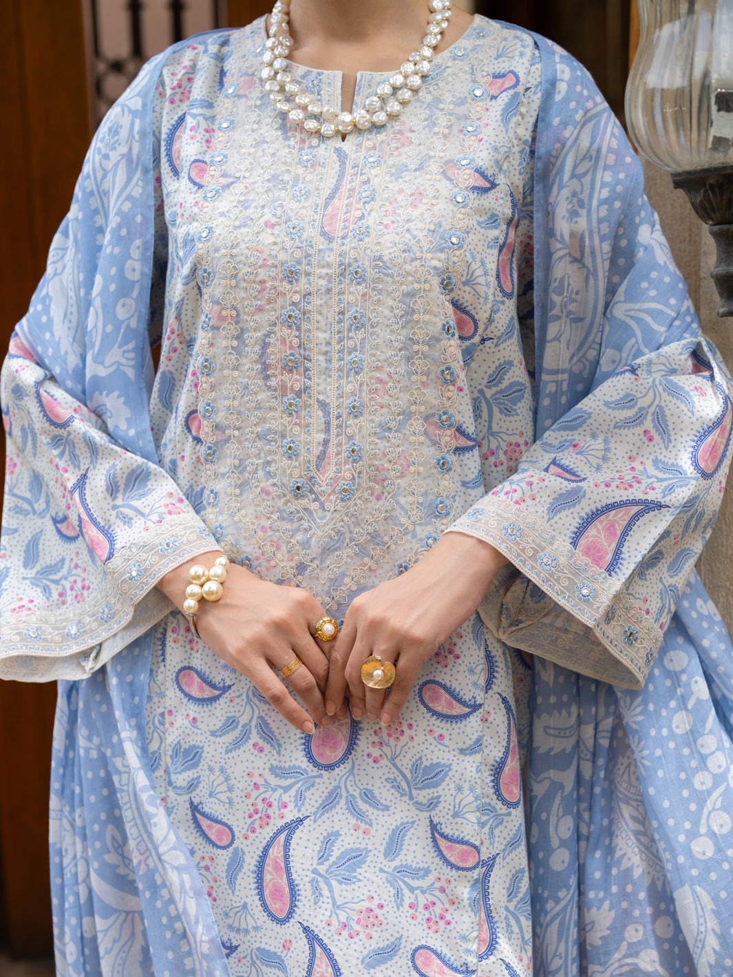 Ice Blue Cambric Stitched 3Pc - ALP-3PS-2582
