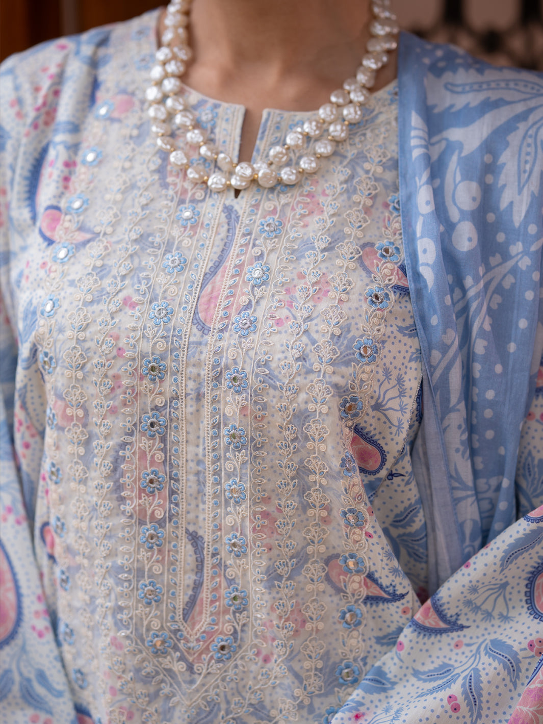Ice Blue Cambric Stitched 3Pc - ALP-3PS-2582