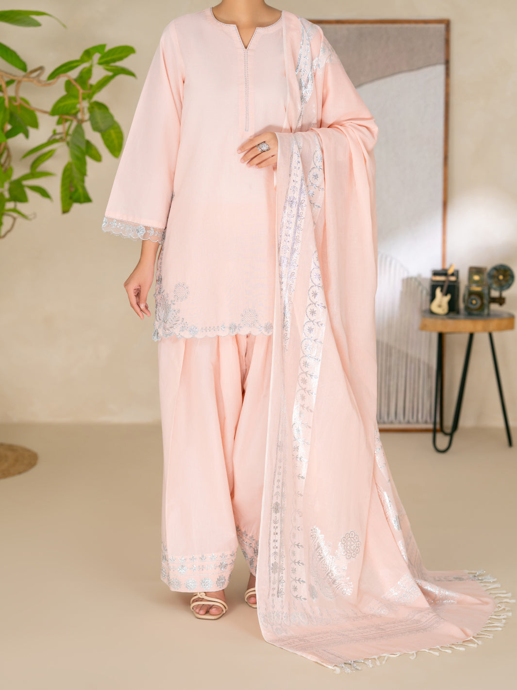 Pink Lurex Cotton Stitched 3Pc - ALP-3PS-2615 Front Main