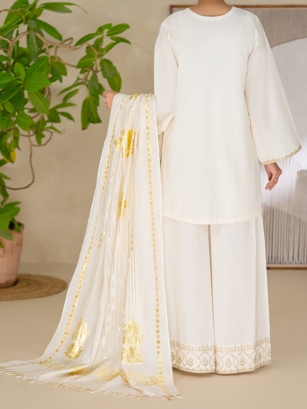 Off White Yarn Dyed Lurex Stitched 3 Piece - ALP-3PS-2616