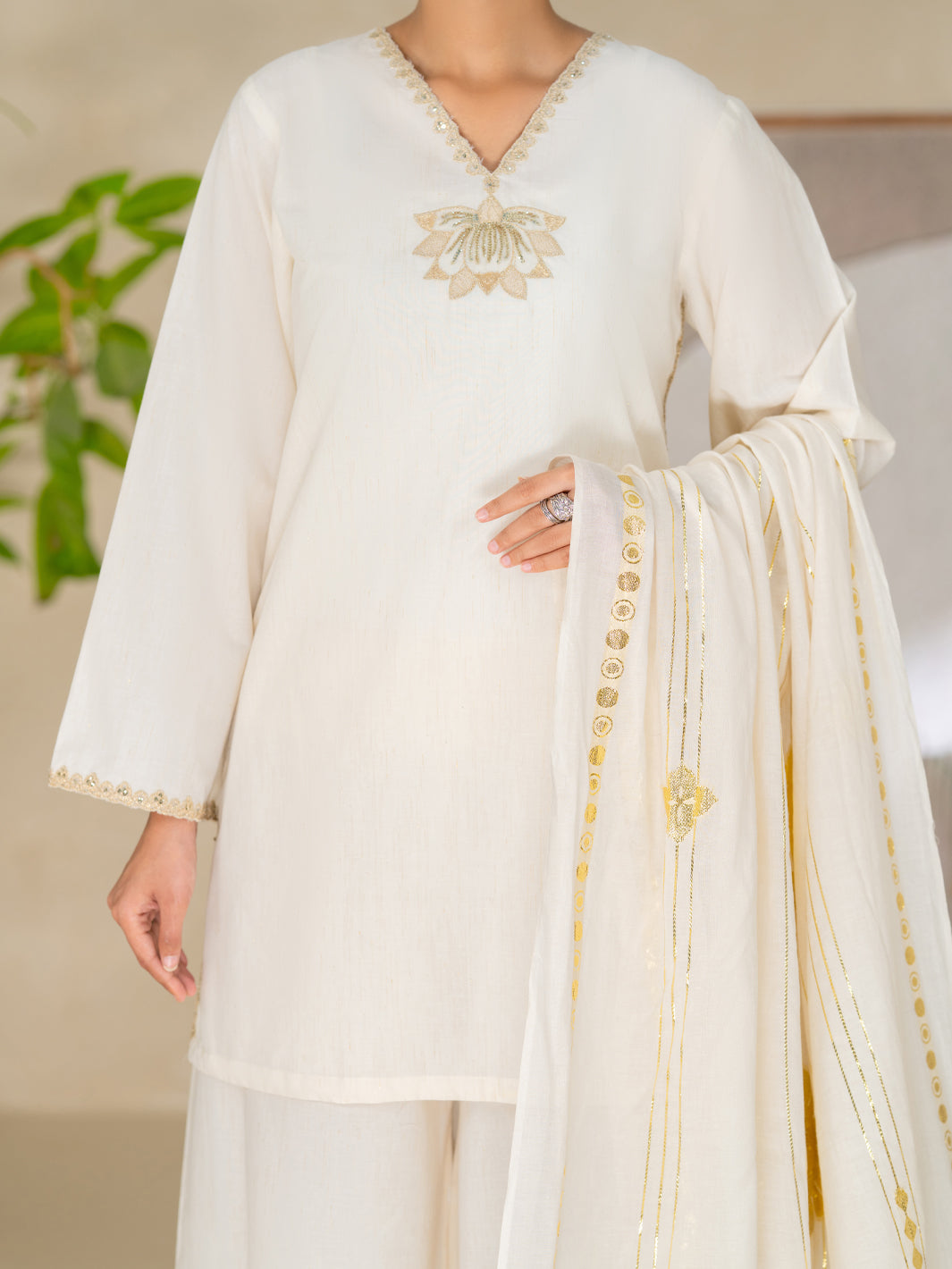 Off White Yarn Dyed Lurex Stitched 3 Piece - ALP-3PS-2616