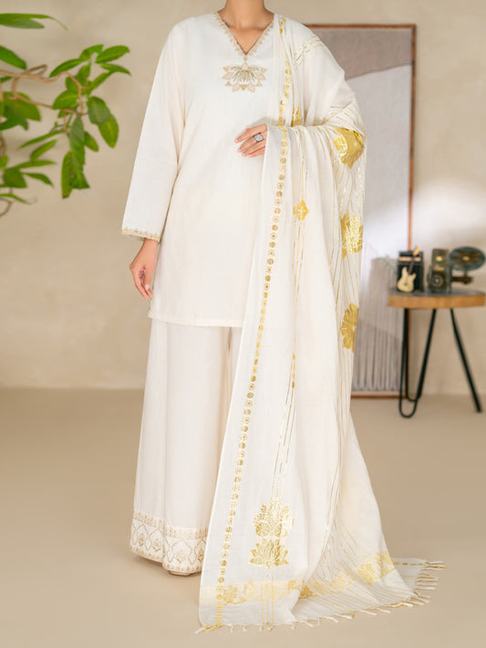Off White Yarn Dyed Lurex Stitched 3 Piece - ALP-3PS-2616