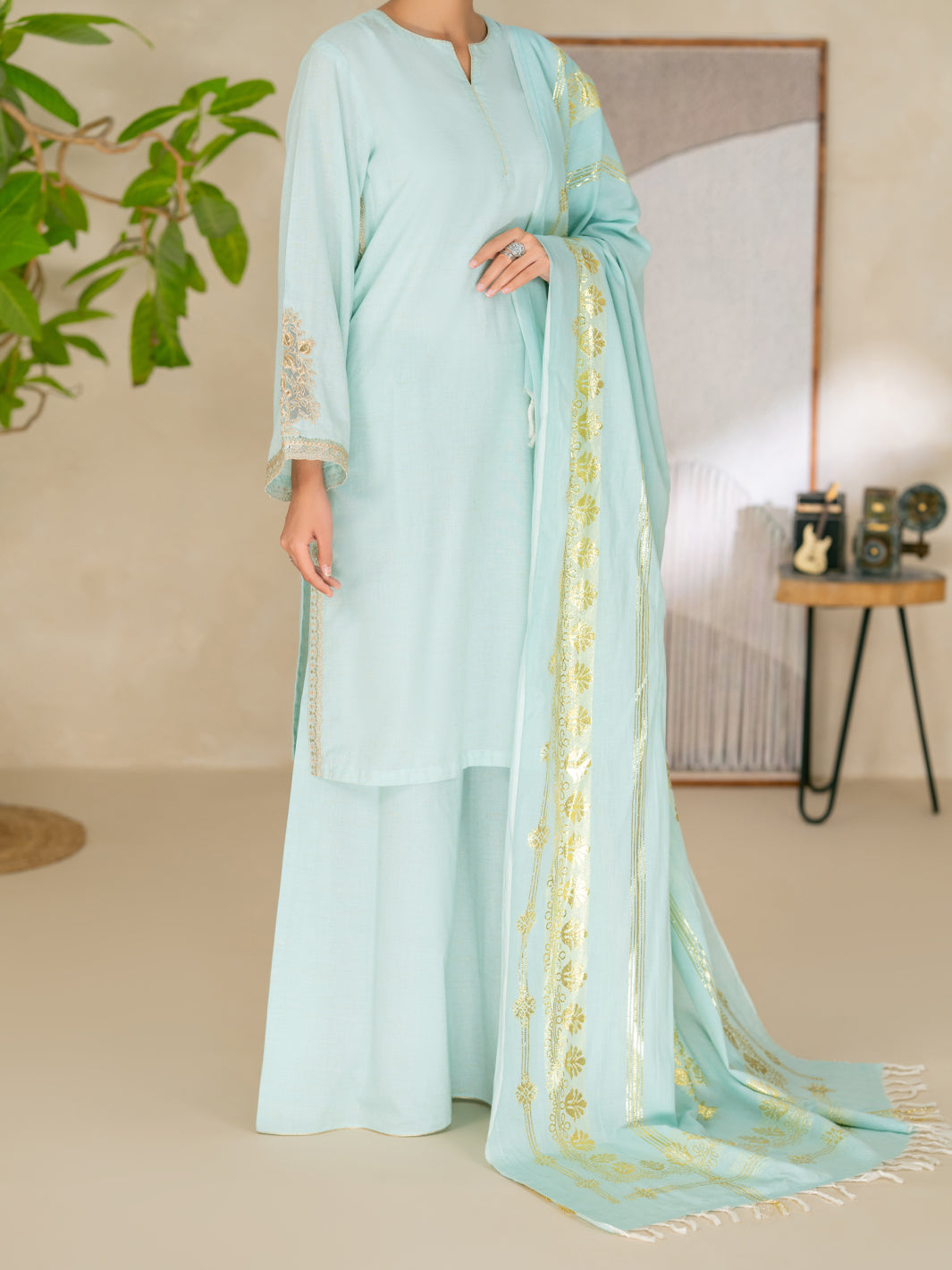Sky Blue Yarn Dyed Lurex Stitched 3 Piece - ALP-3PS-2617