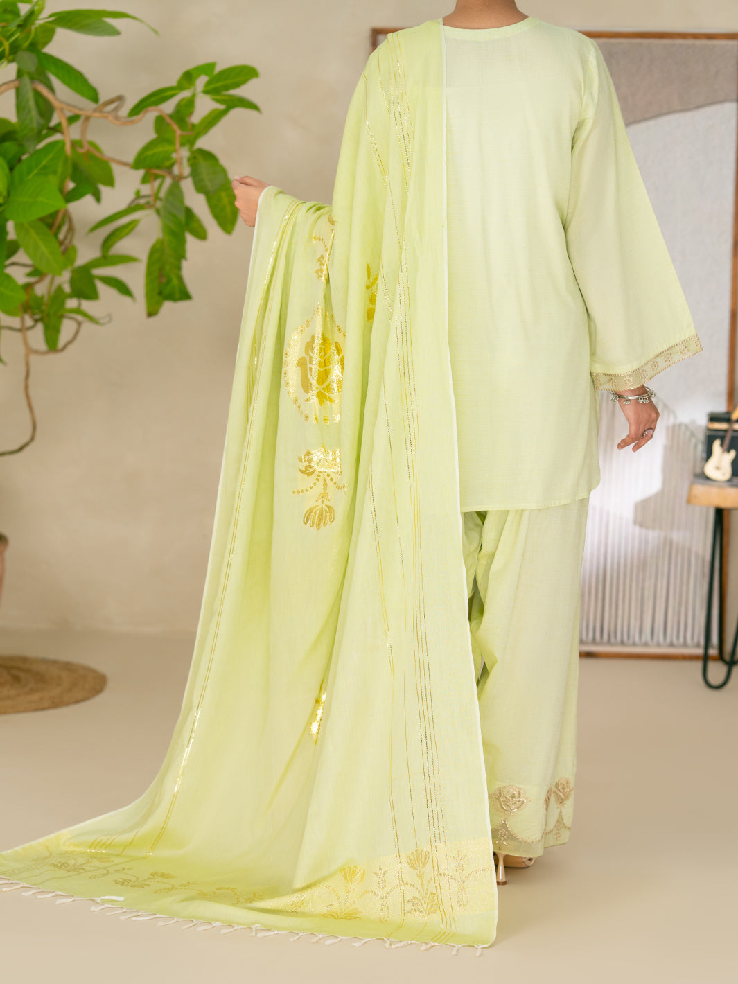 Light Green Golden Zari Dobby Stitched 3Pc - ALP-3PS-2618