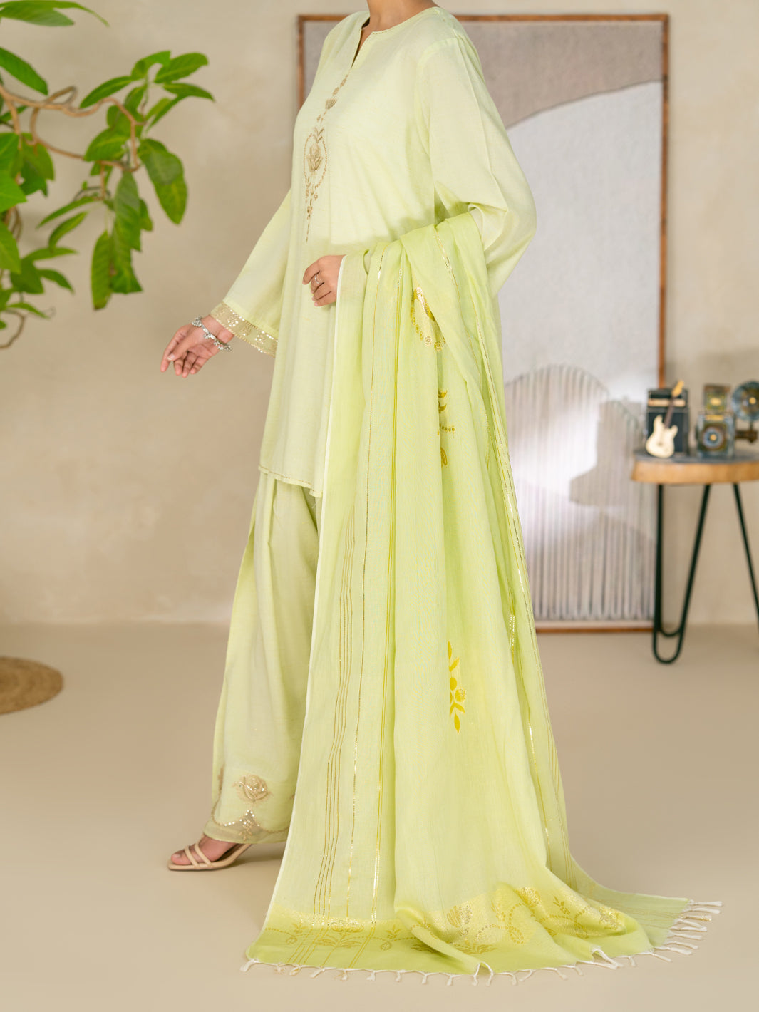 Light Green Golden Zari Dobby Stitched 3Pc - ALP-3PS-2618