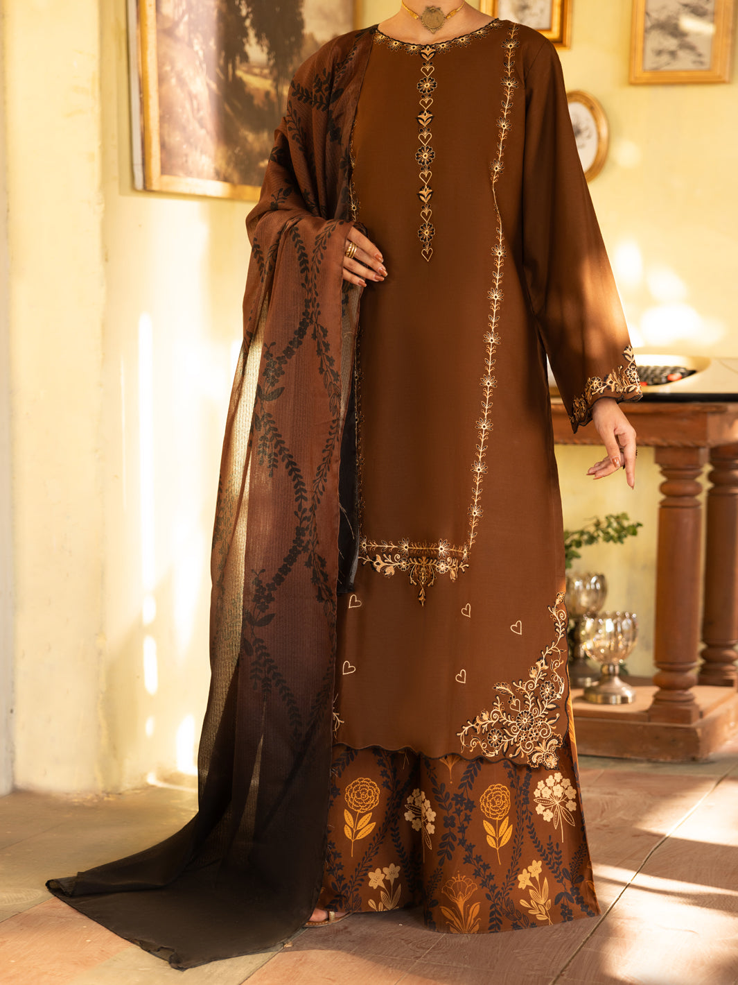 Brown Cotton Stitched 3 Piece - ALP-3PS-2637