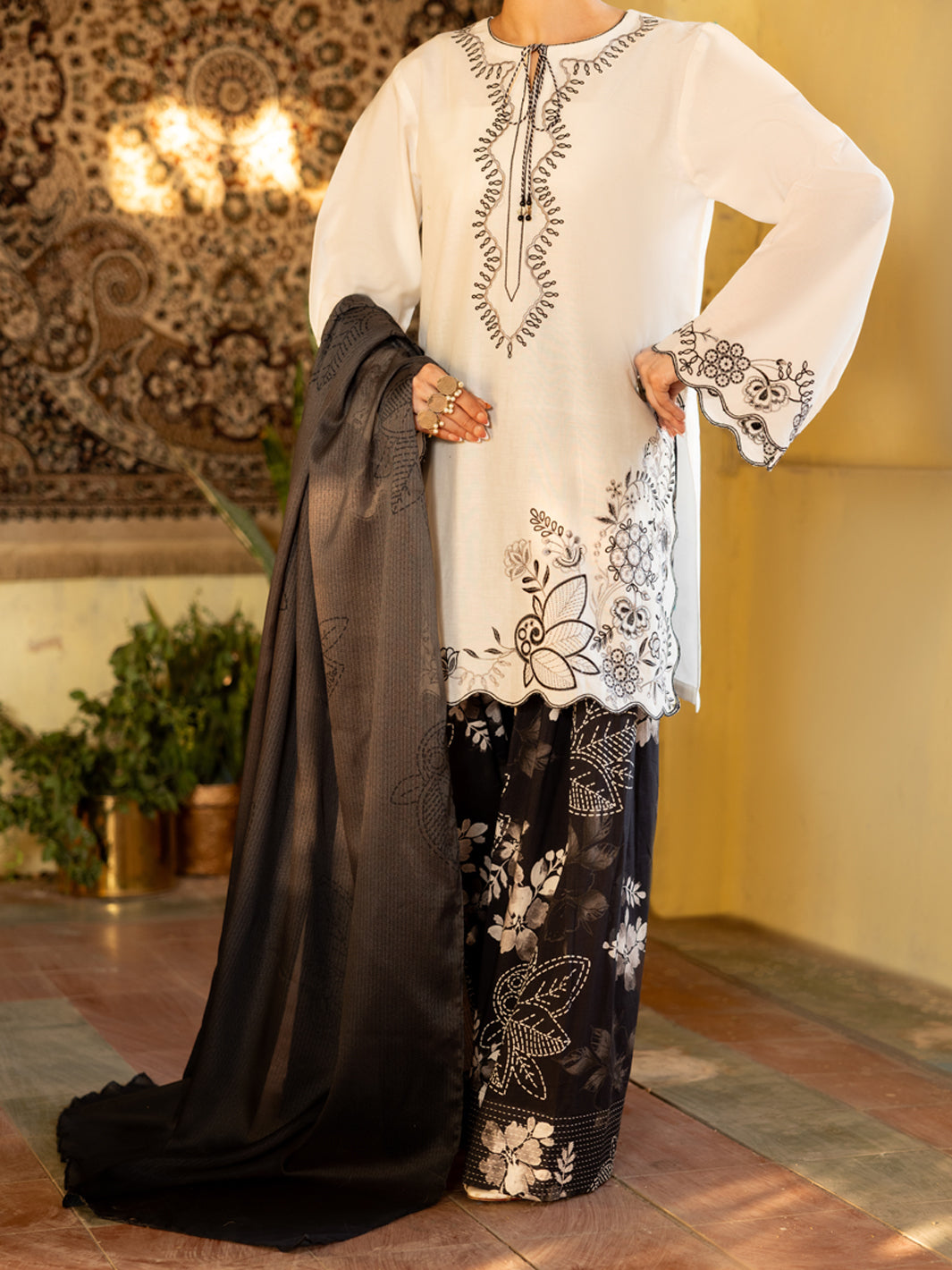Black & White Cotton Stitched 3 Piece - ALP-3PS-2638