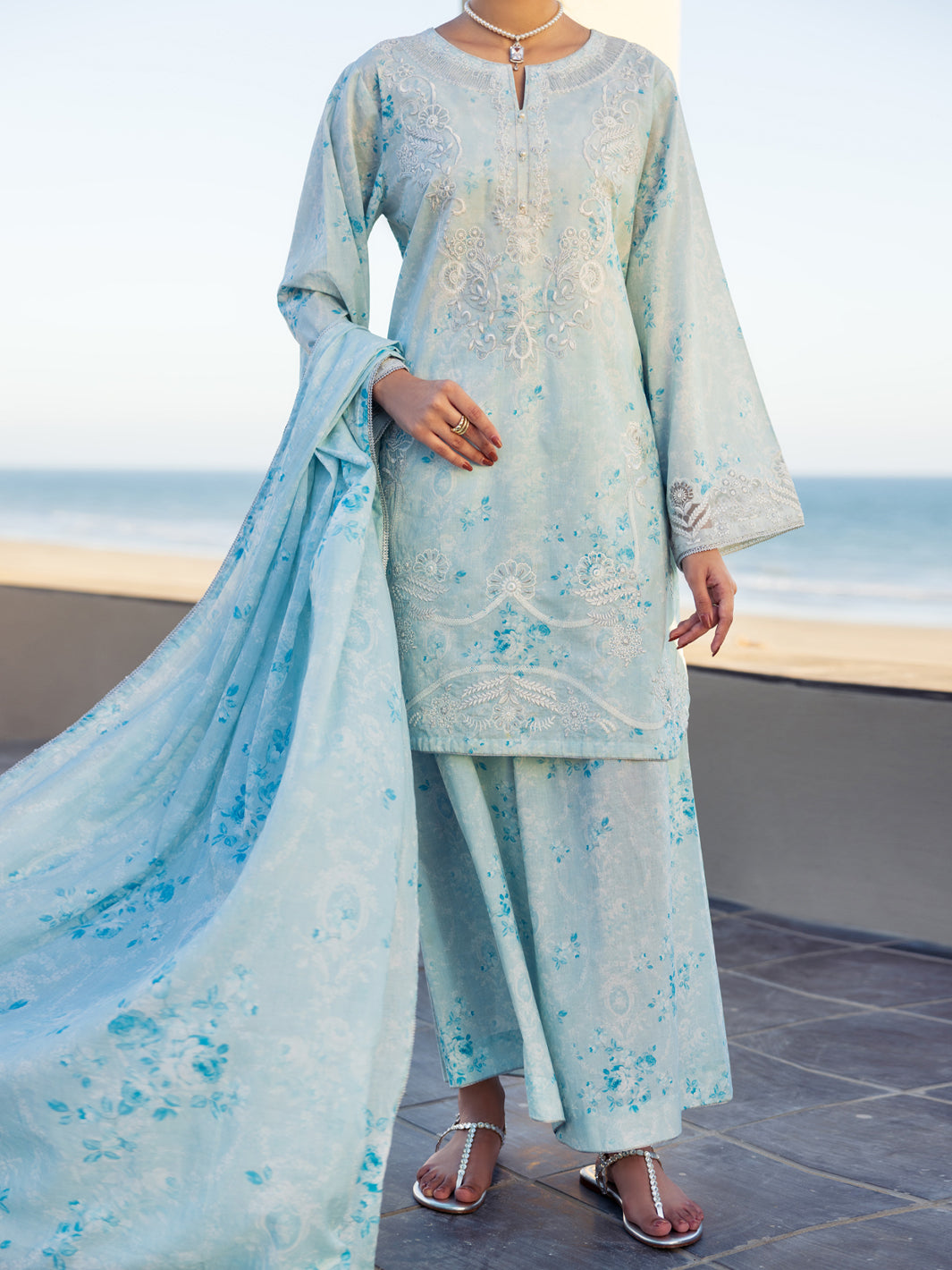 Sky Blue Lawn 3Pc Stitched  - Women Stitched 3 Piece | ALMIRAH